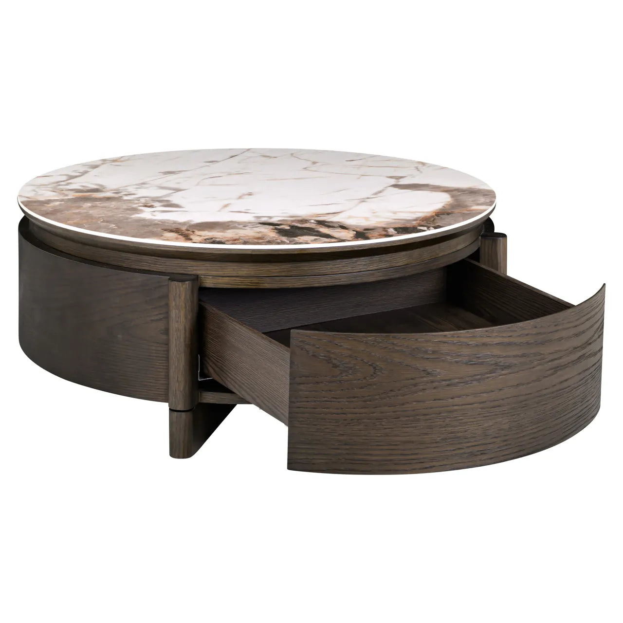 Richmond Interiors Langford Brown 1-Drawer Oak Wood & Ceramic Round Coffee Table 90cm