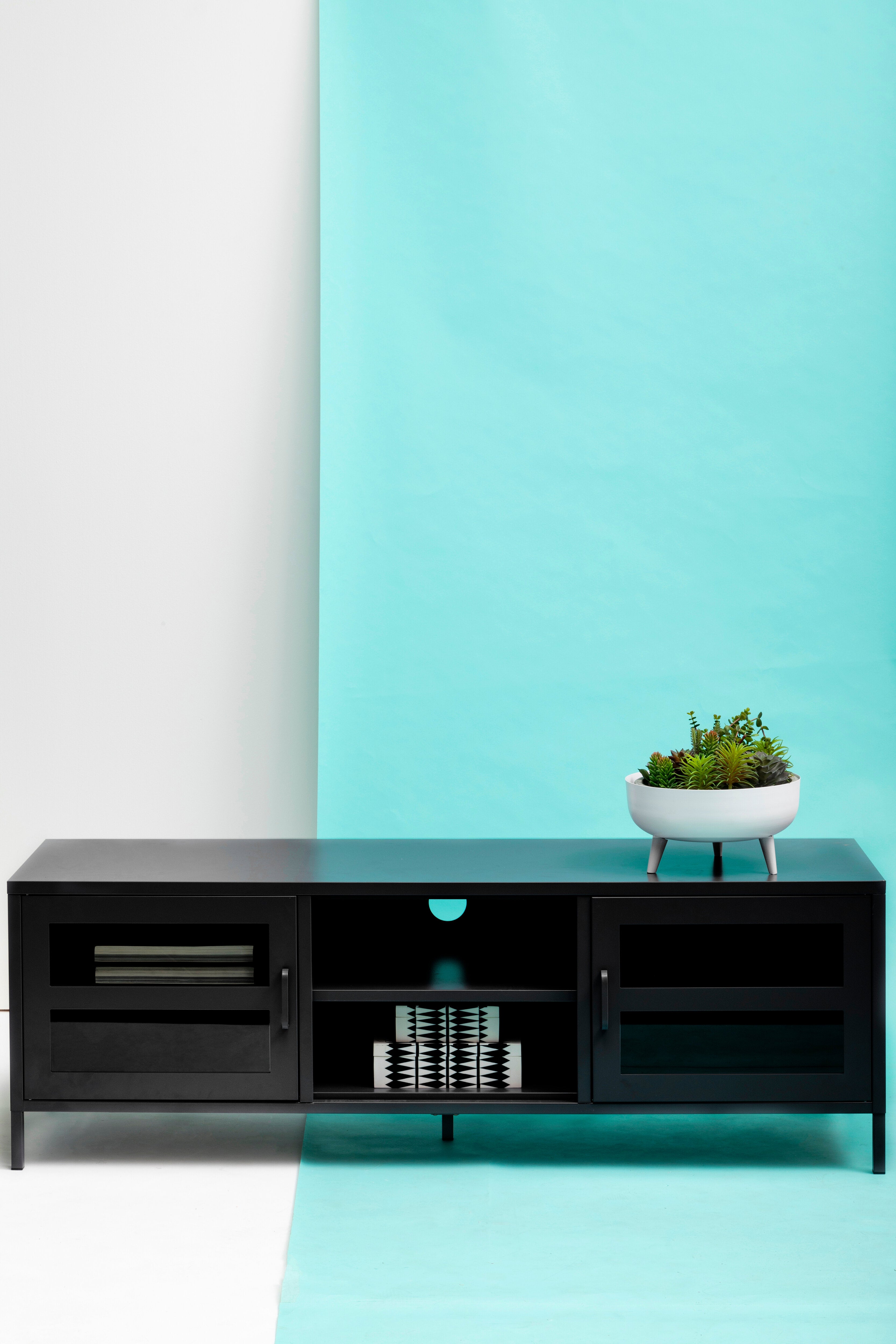 Astell Black Metal & Clear Glass TV Unit | 2 Doors