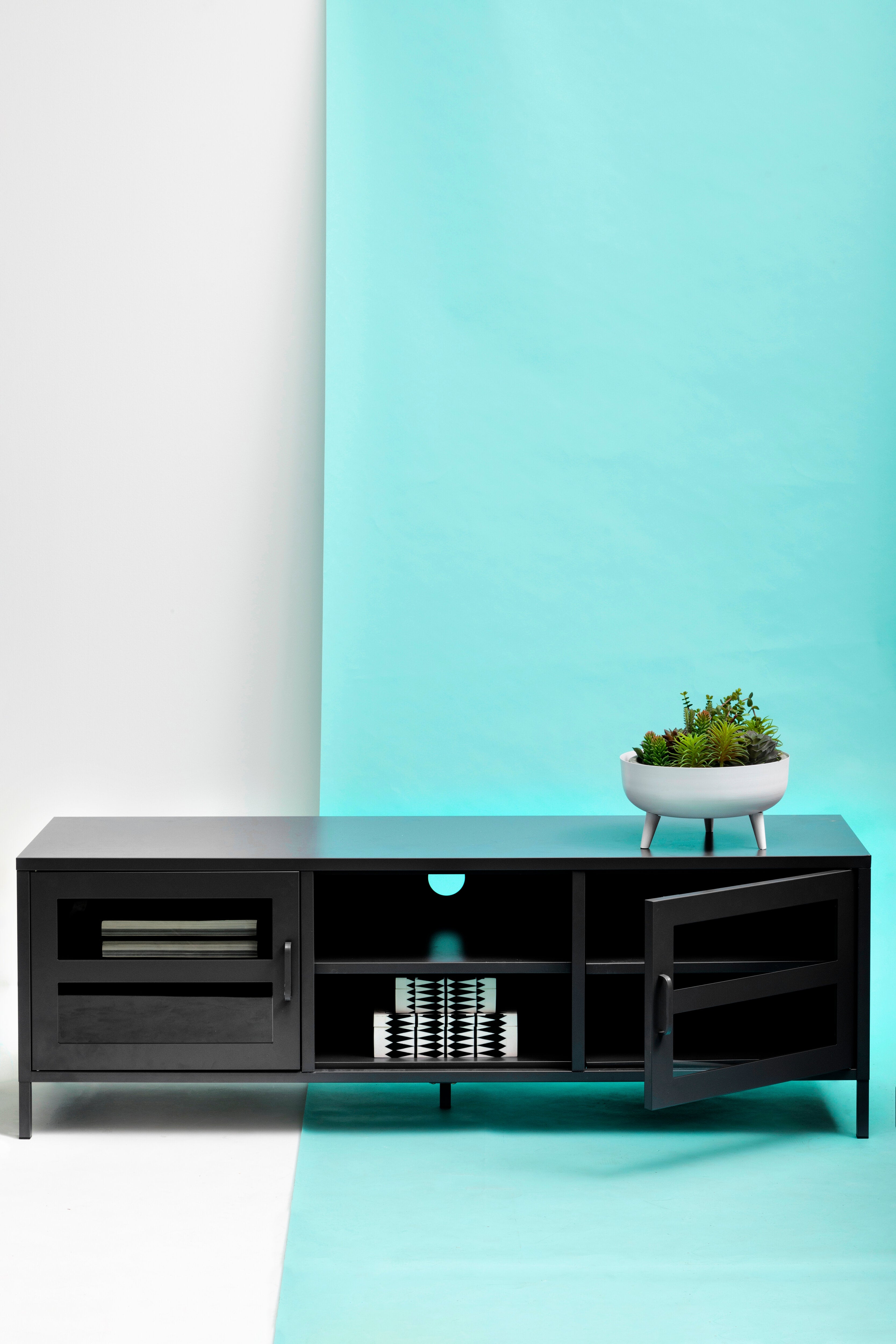 Astell Black Metal & Clear Glass TV Unit | 2 Doors