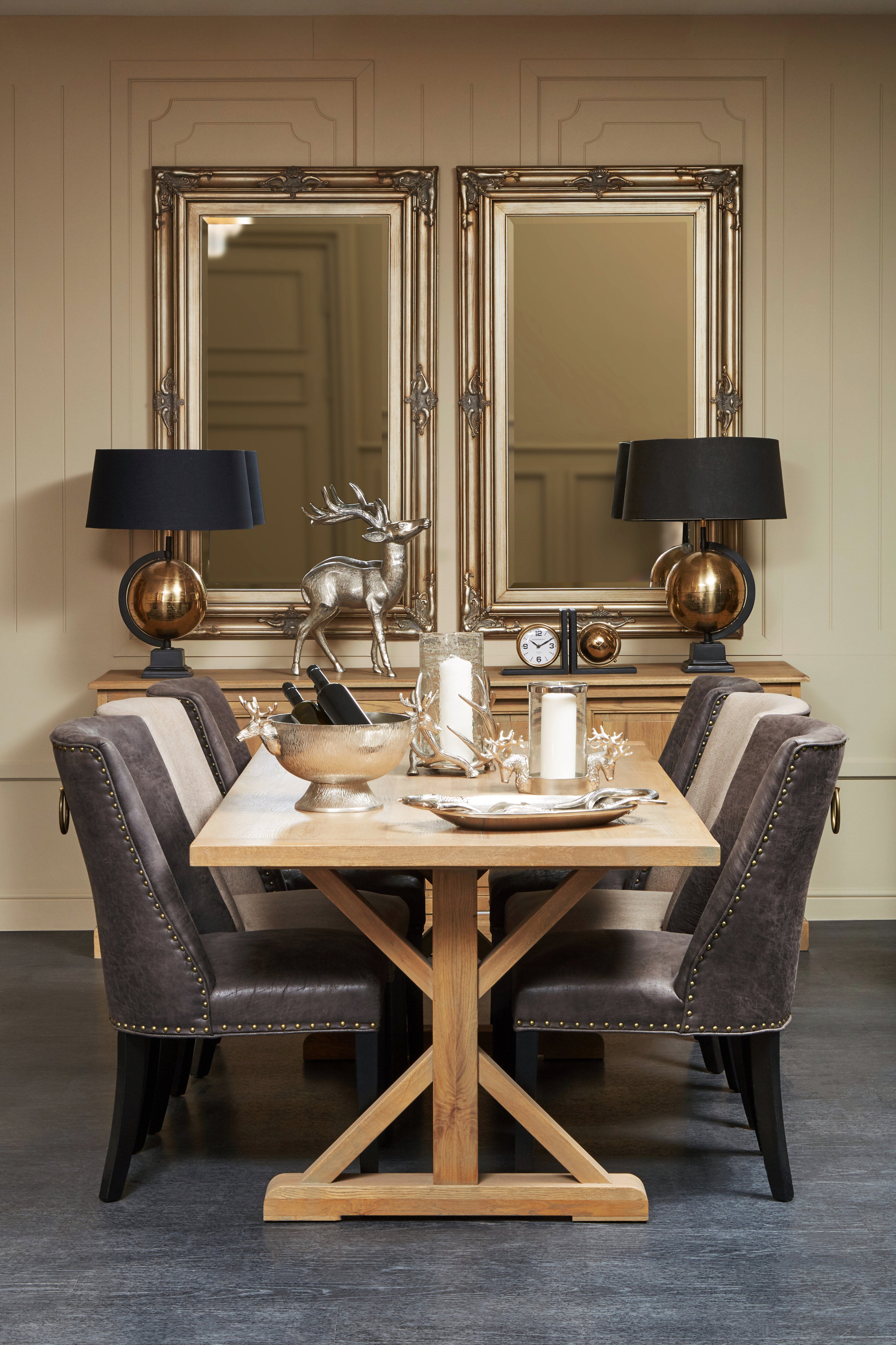 Menton Brown Solid Aged Oak Wood Wood Rectangle Dining Table | 6 Seater