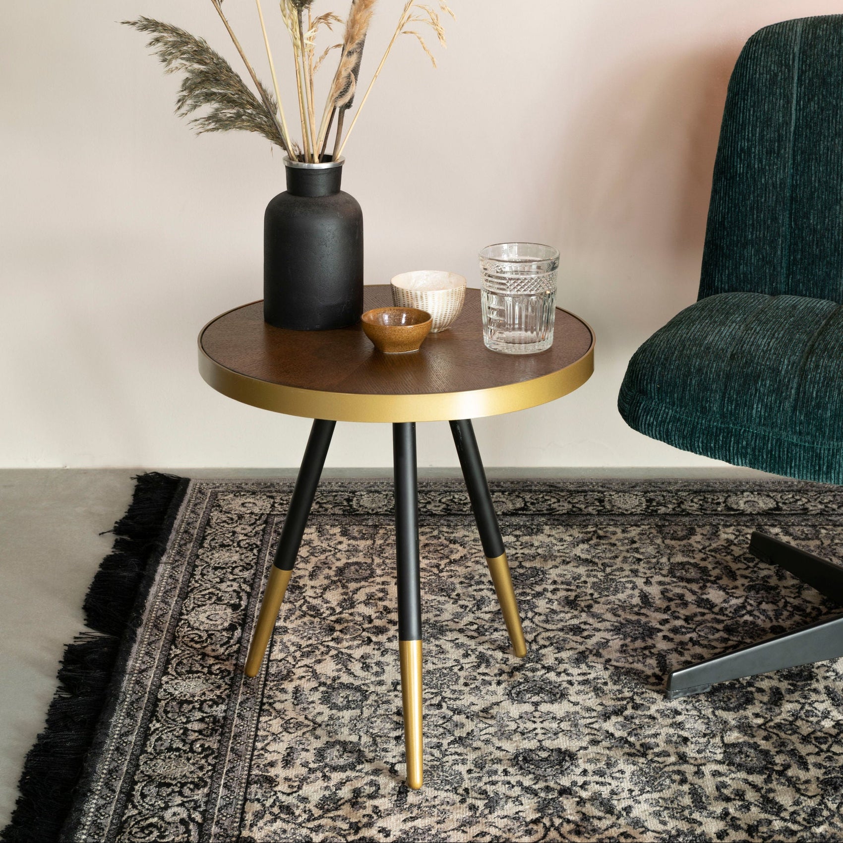 Denise Brown Wood & Gold Round Side Table
