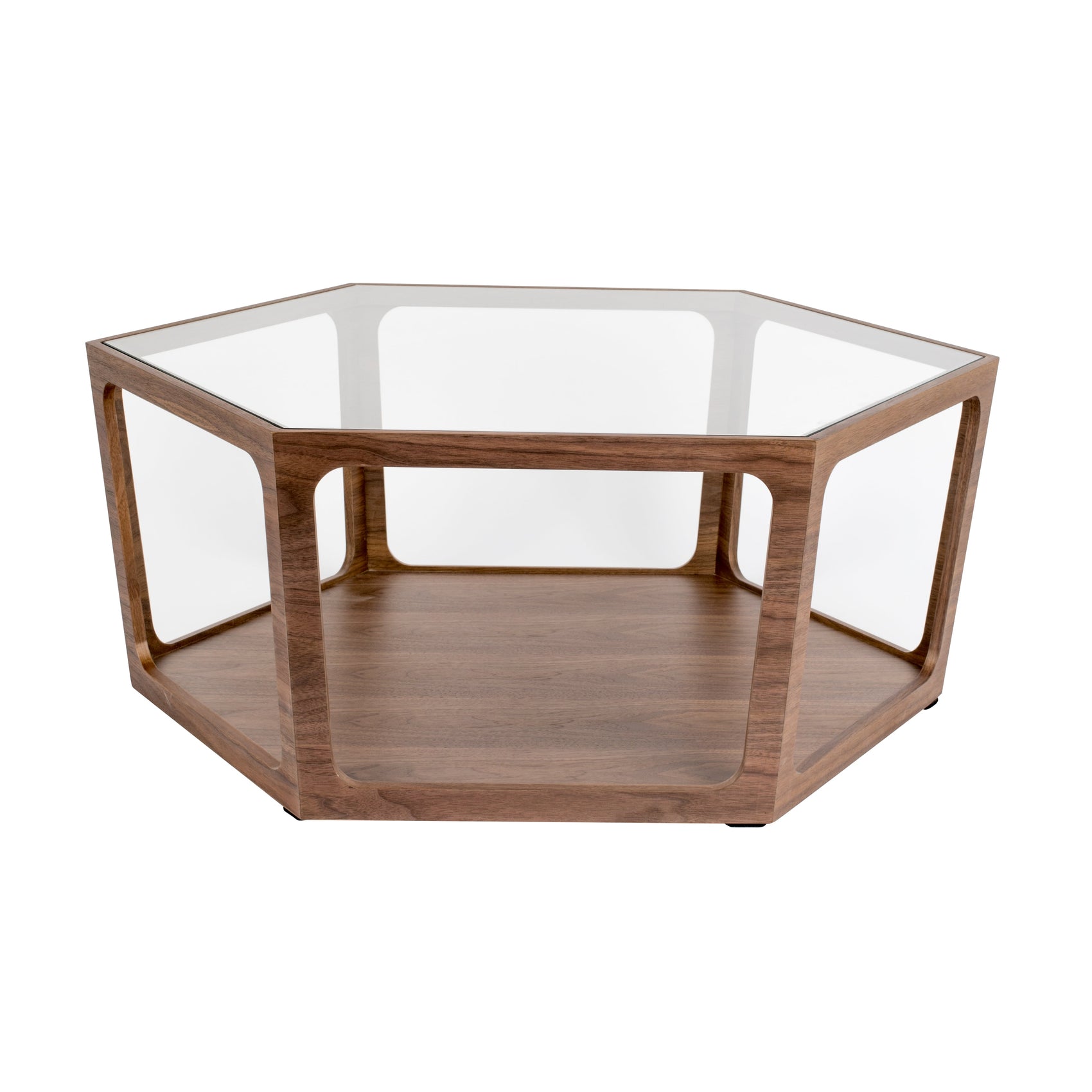 Dutchbone Sita Walnut Brown Wood & Glass Hexagon Coffee Table