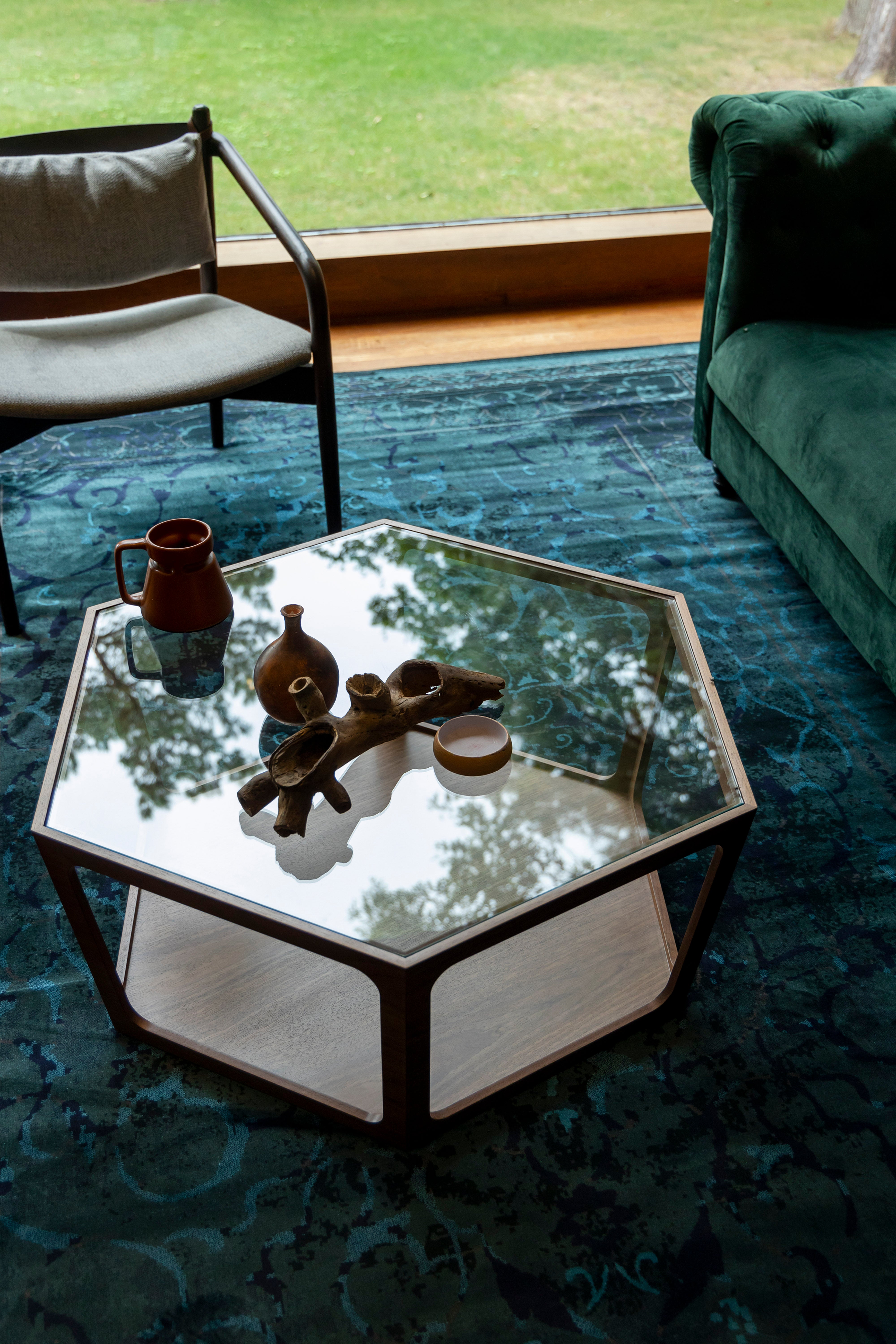 Dutchbone Sita Walnut Brown Wood & Glass Hexagon Coffee Table