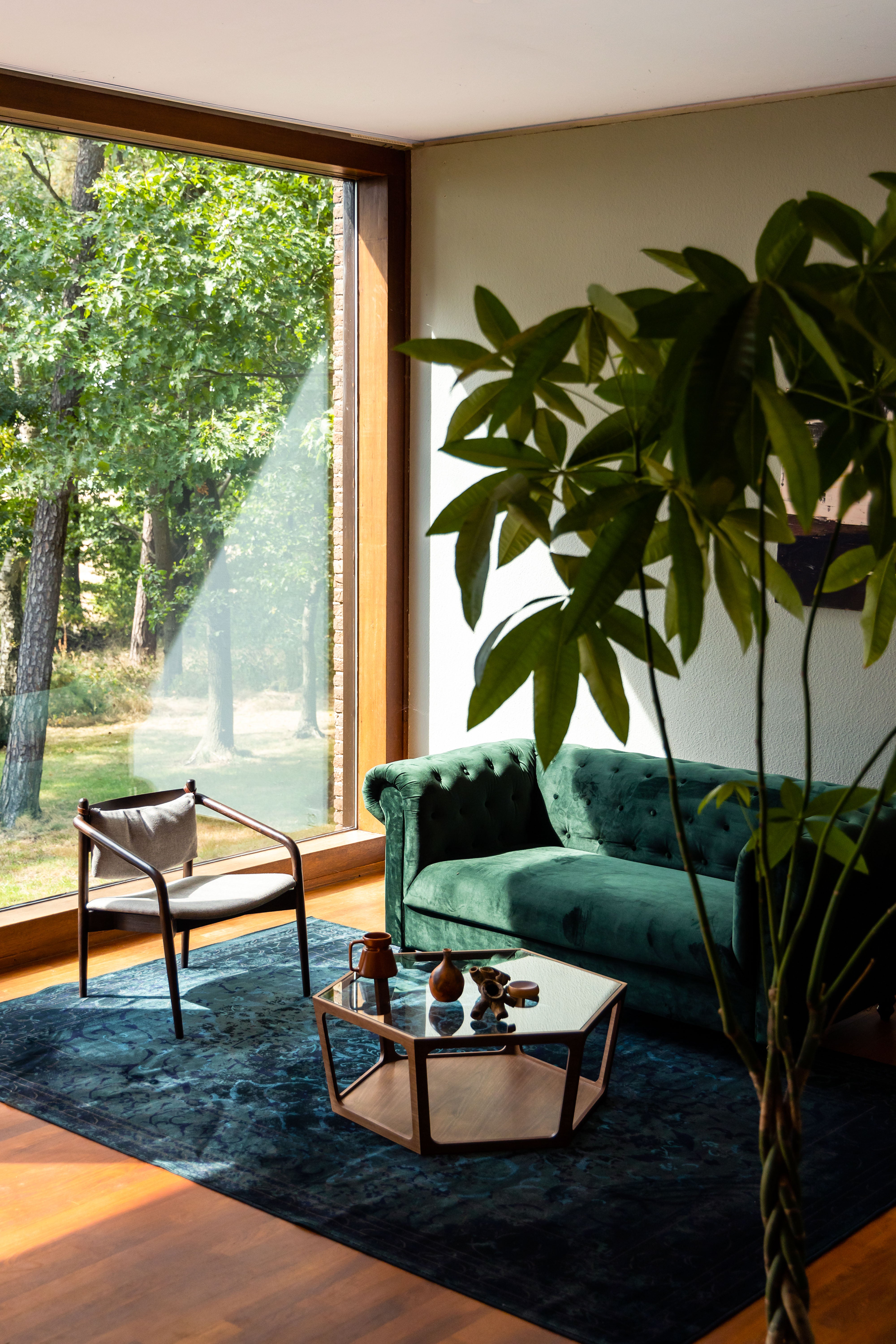 Dutchbone Sita Walnut Brown Wood & Glass Hexagon Coffee Table