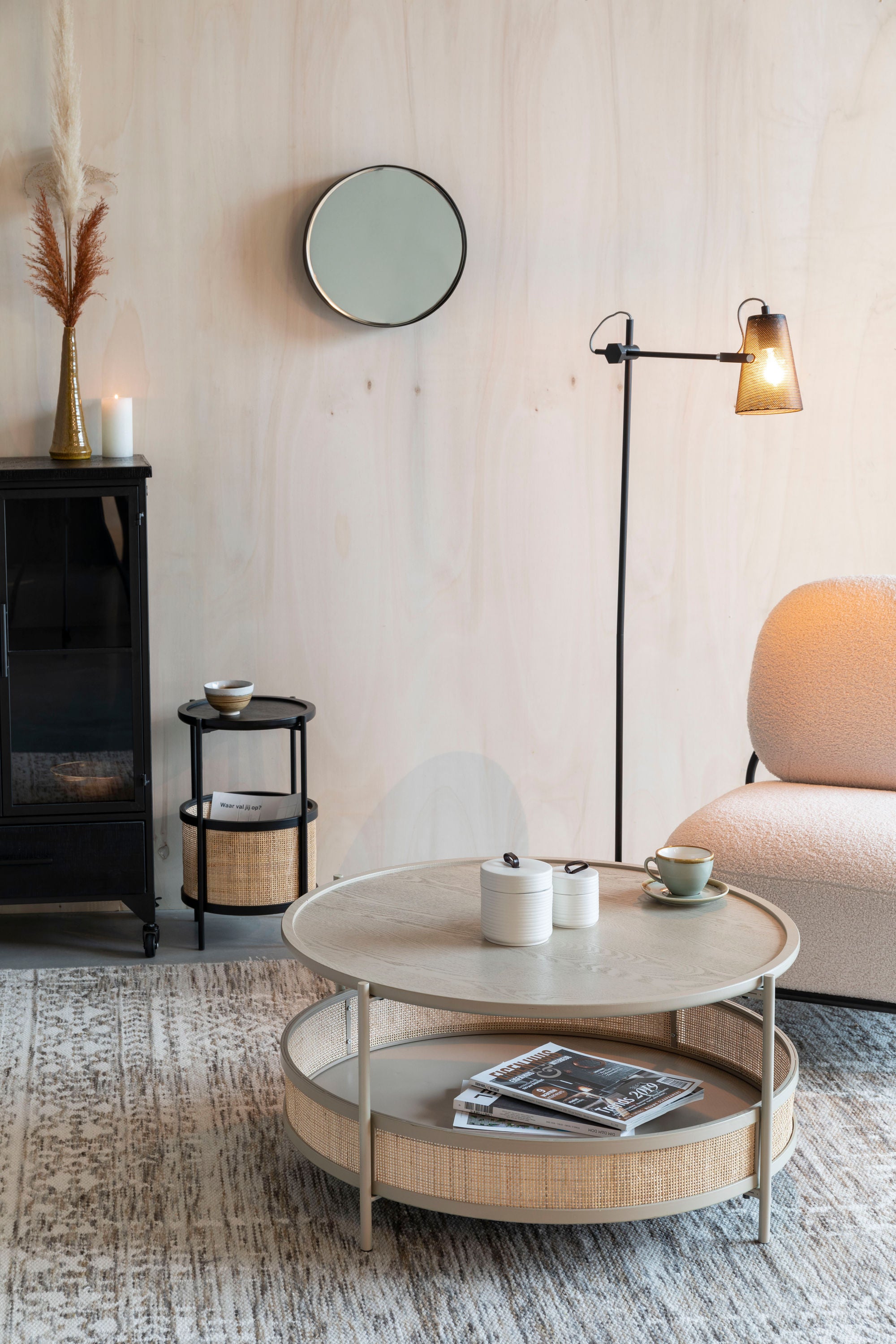Makoto Black Wood & Rattan Round Side Table