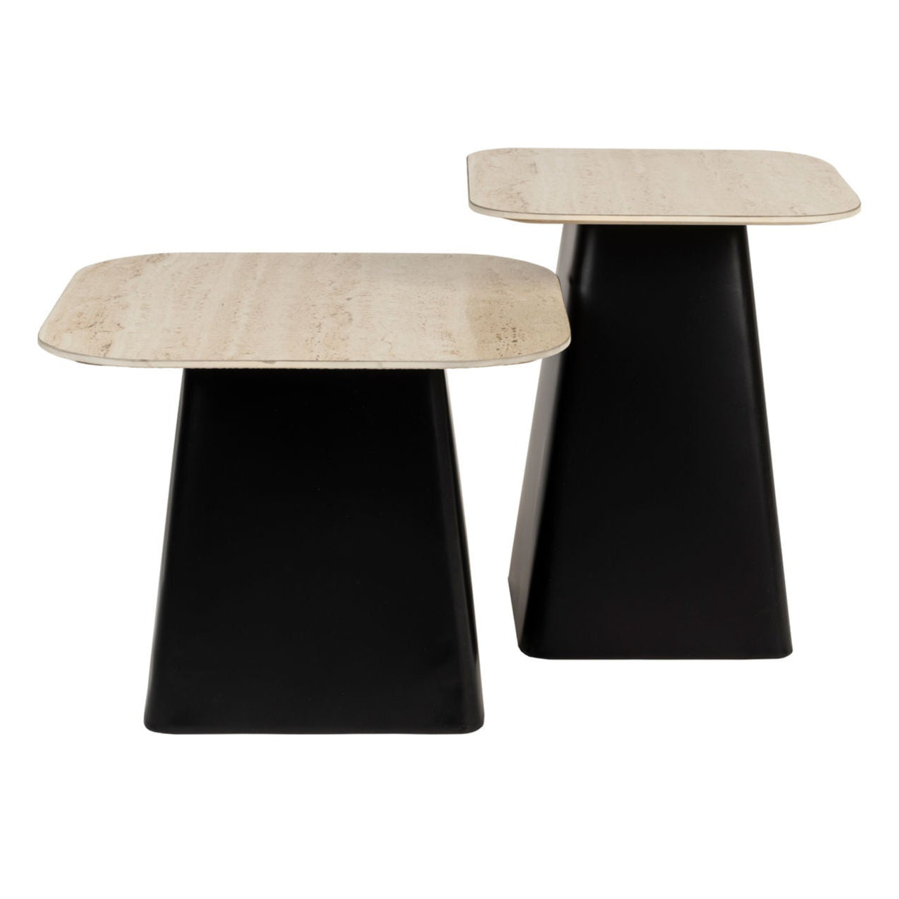 Set of 2 Baru Travertine & Black Side Tables Nest