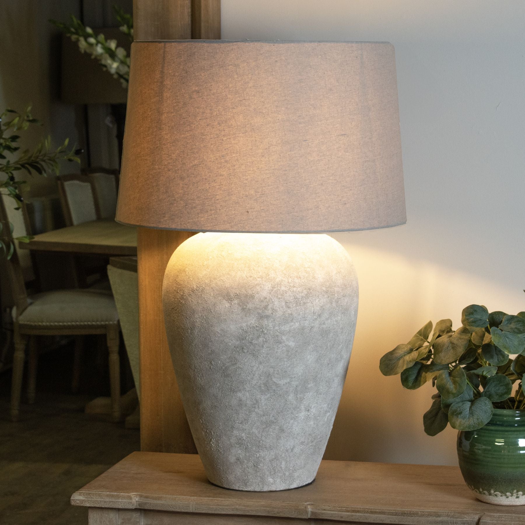 Ergane Aged Stone Grey Table Lamp With Linen Shade | Large