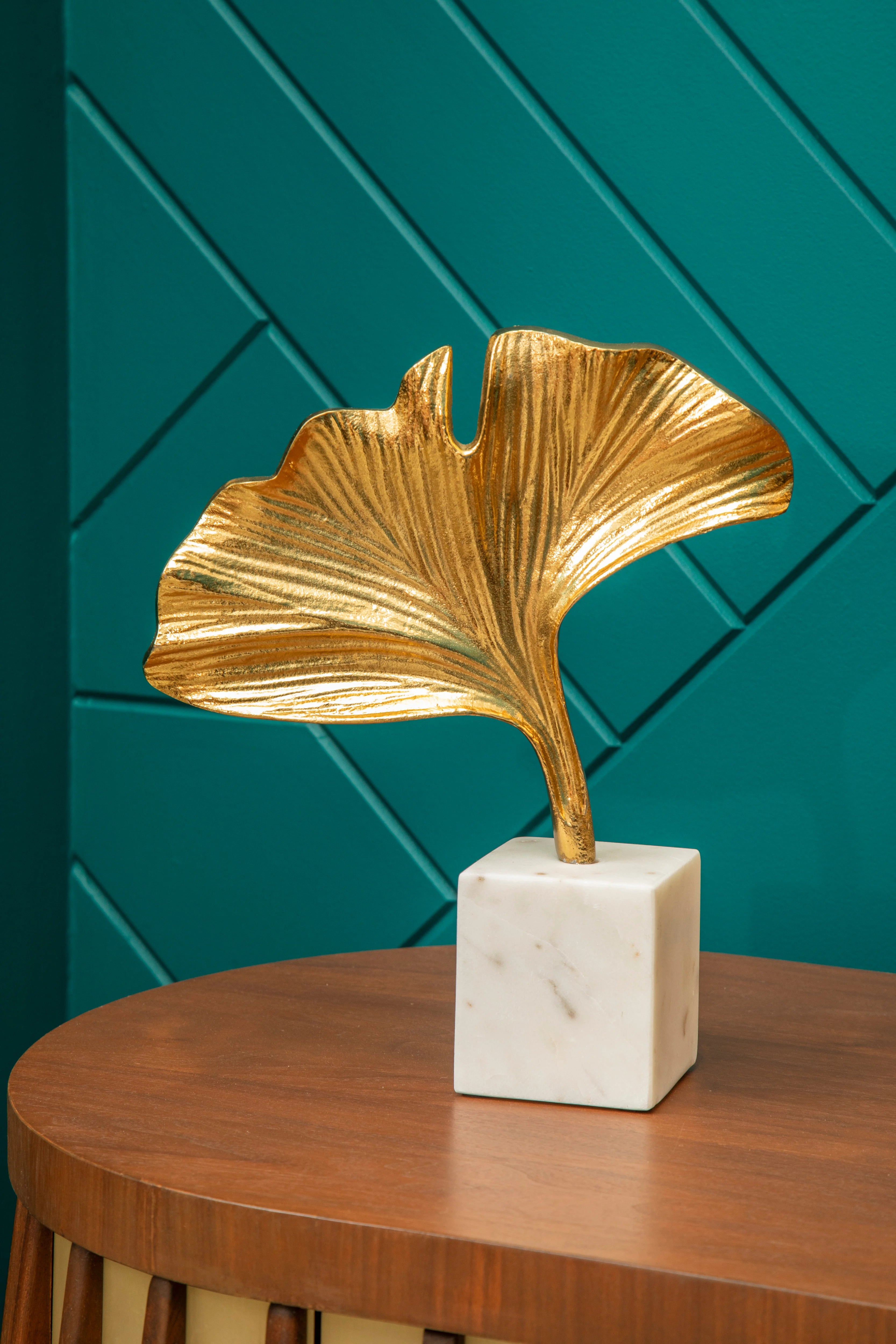 Cleo Gold Ginkgo Leaf Sculpture on White Marble Base