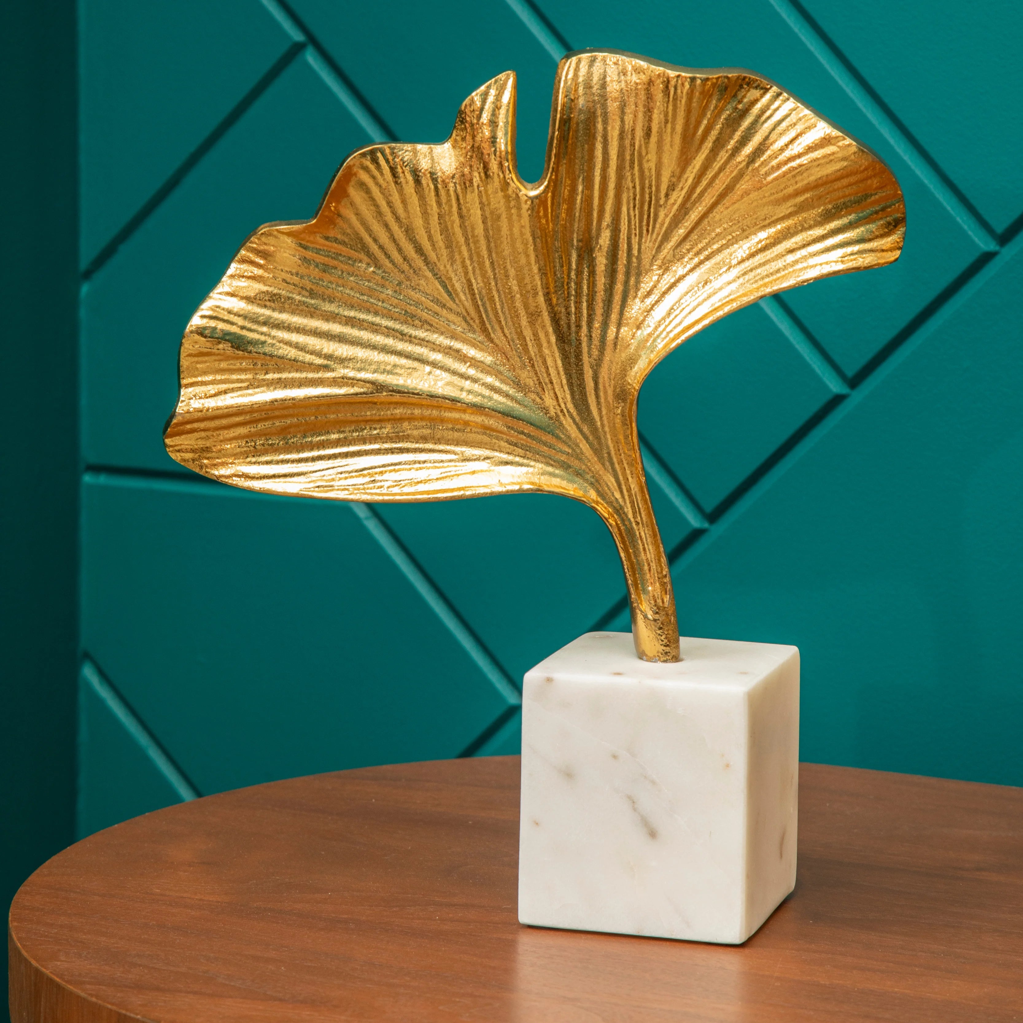 Cleo Gold Ginkgo Leaf Sculpture on White Marble Base