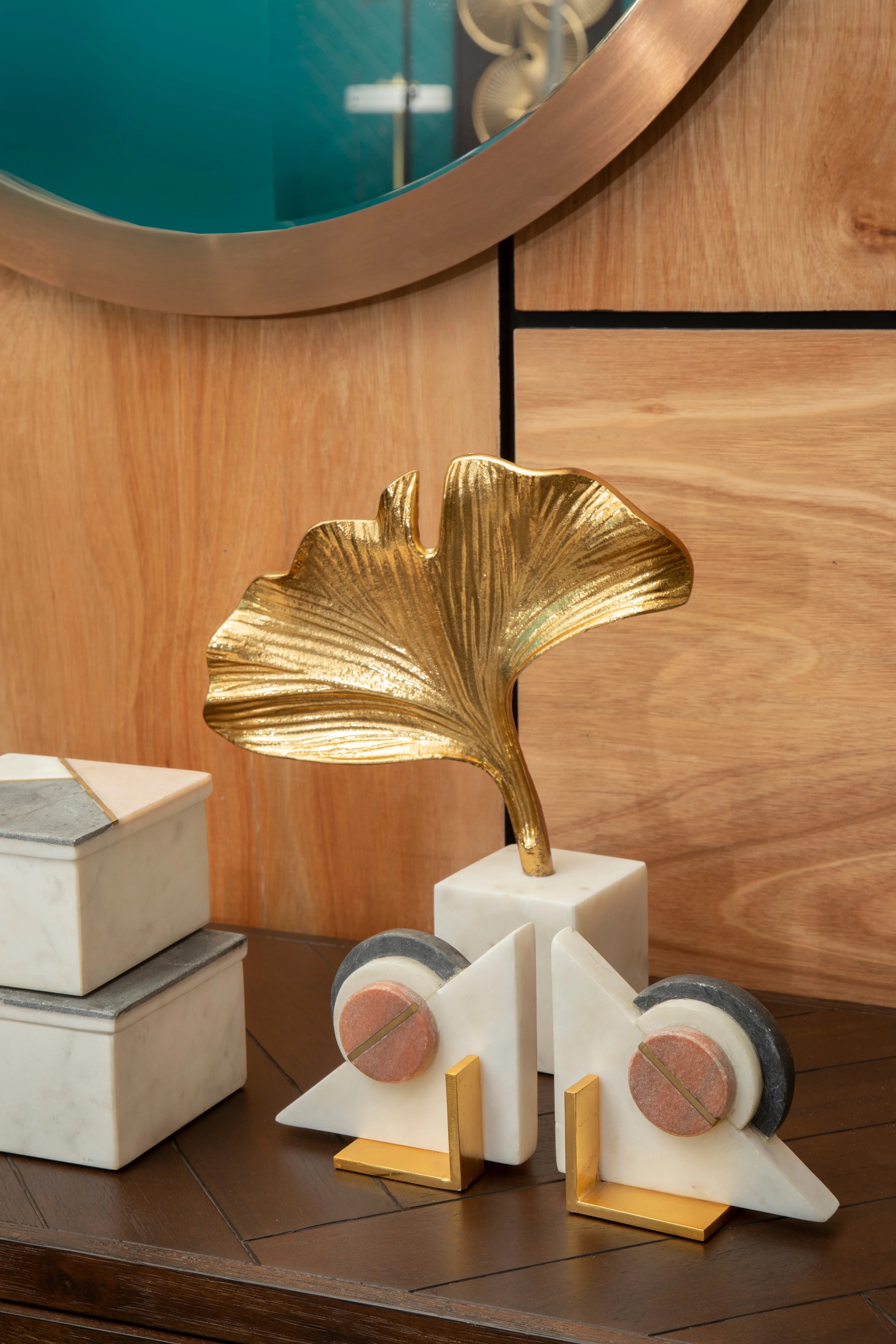 Cleo Gold Ginkgo Leaf Sculpture on White Marble Base