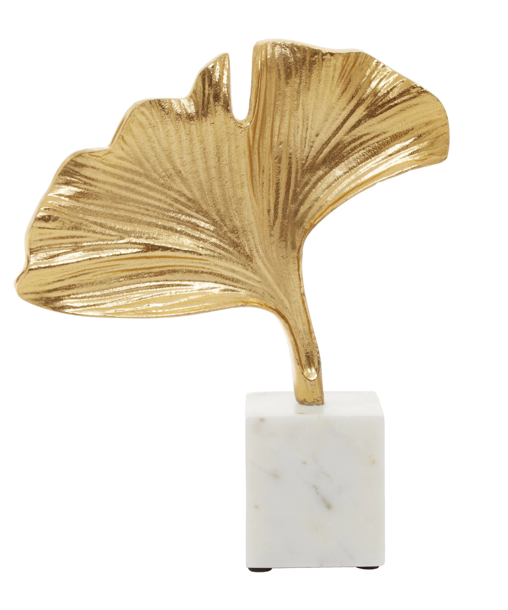 Cleo Gold Ginkgo Leaf Sculpture on White Marble Base