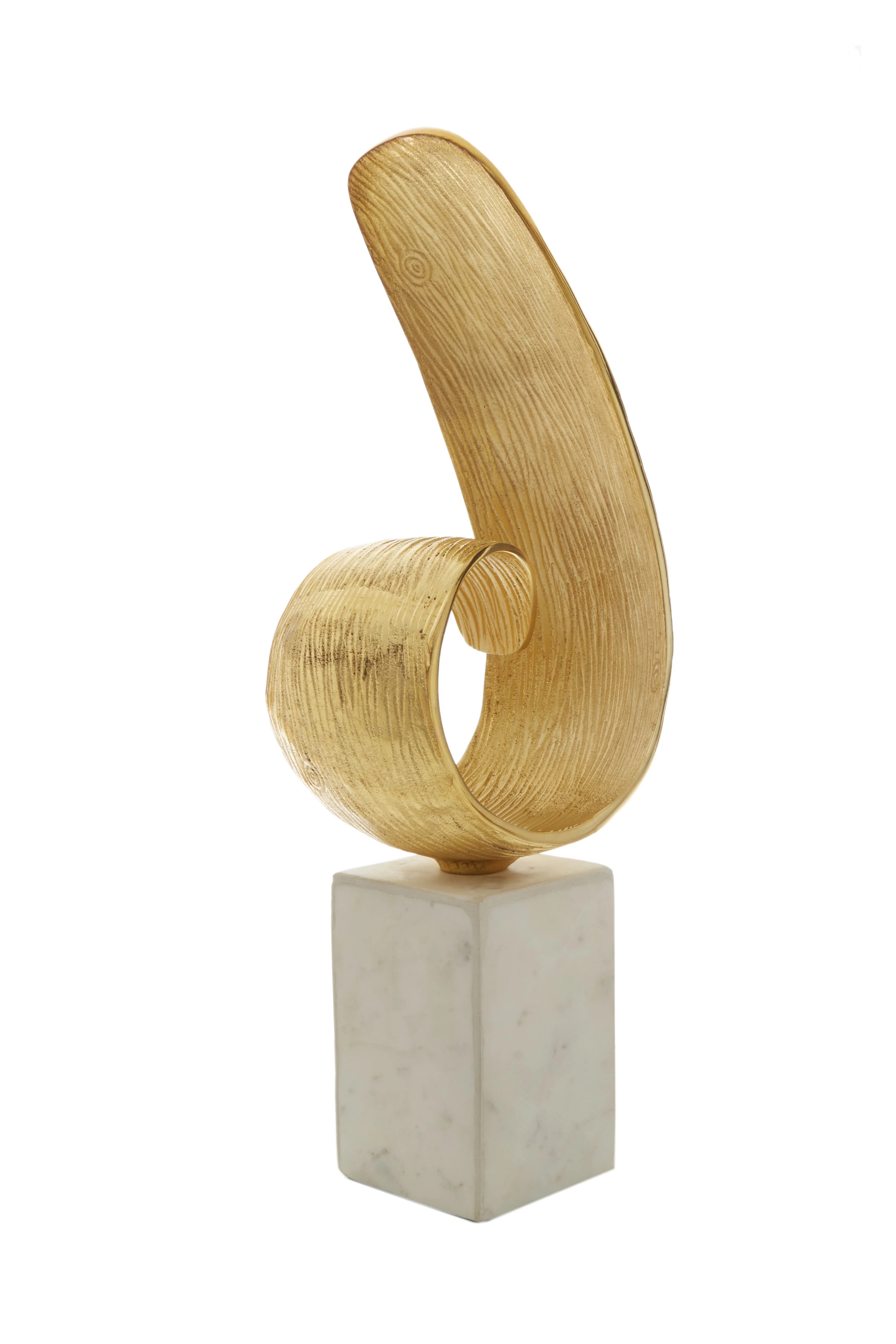 Cleo Gold Finish Curl Sculpture on White Marble Base