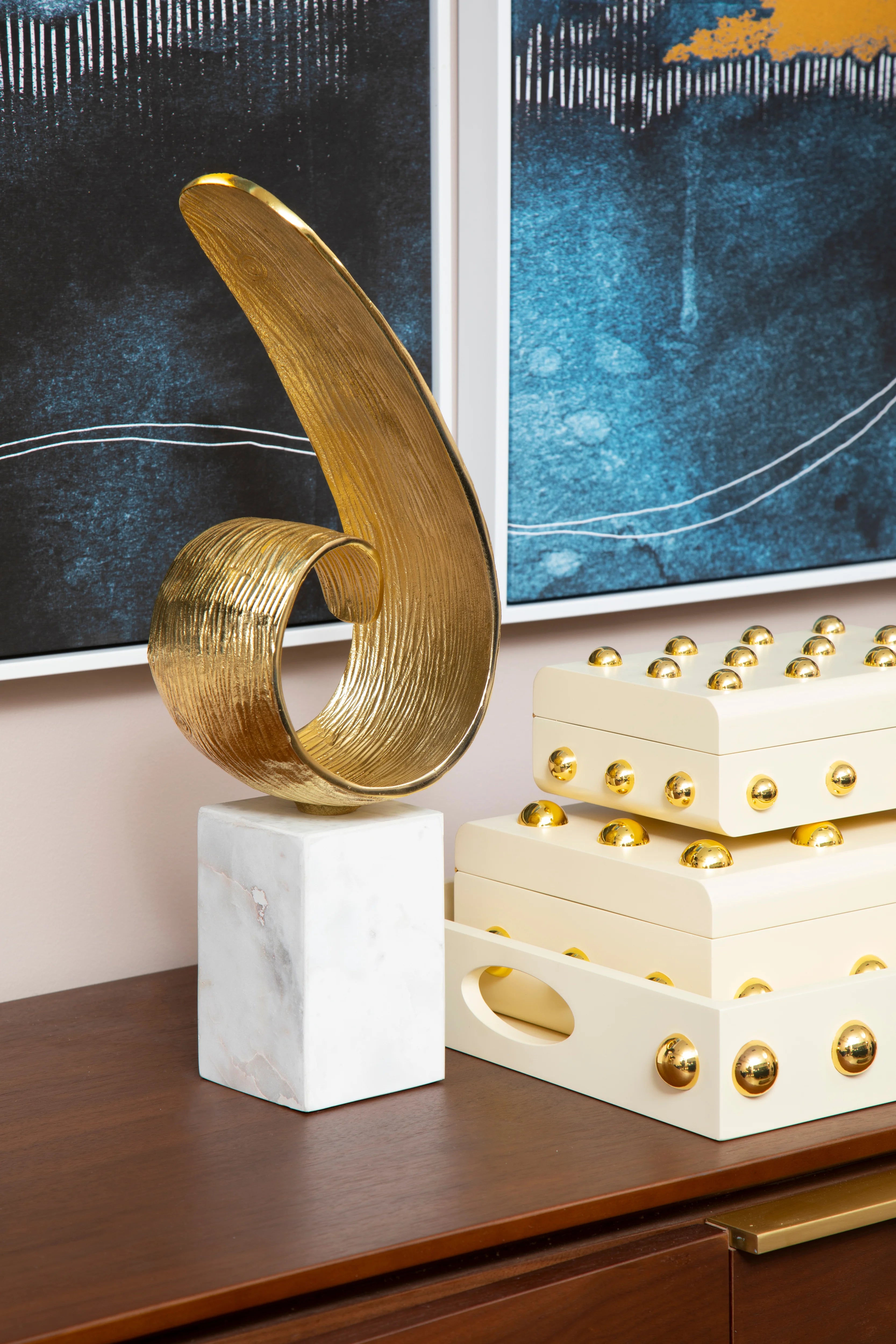 Cleo Gold Finish Curl Sculpture on White Marble Base