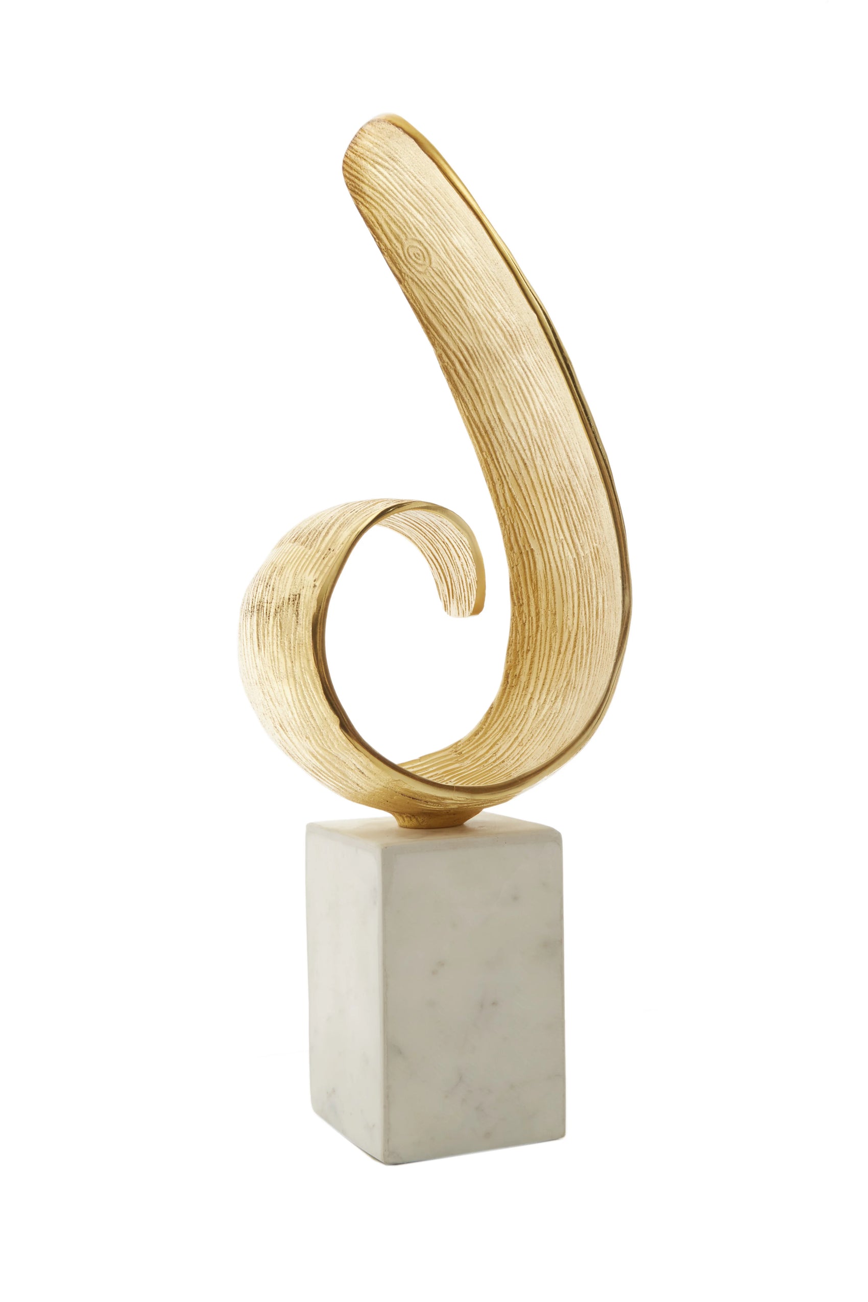 Cleo Gold Finish Curl Sculpture on White Marble Base