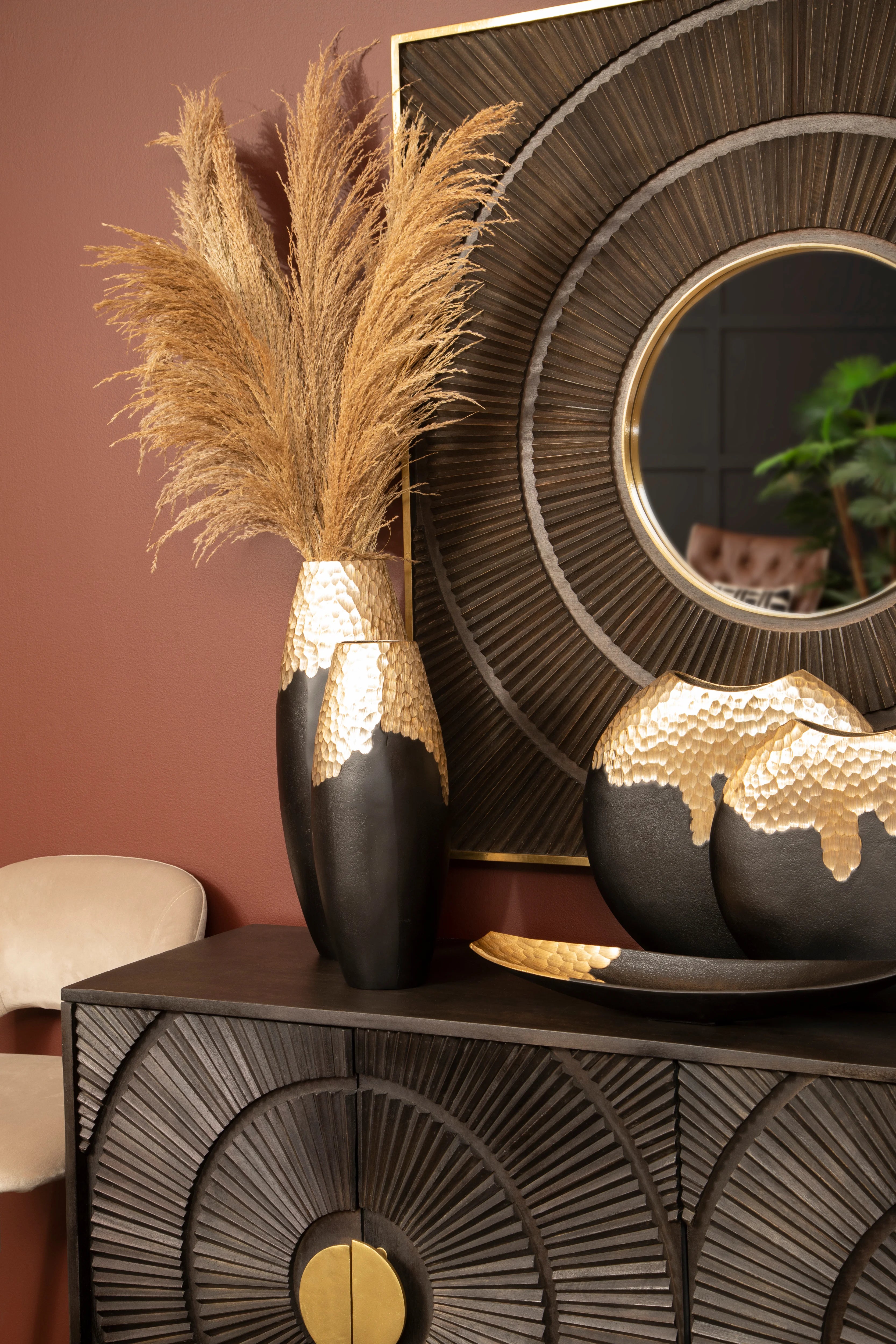 Capella Matte Black & Gold Dimpled Cylinder Vase | Large