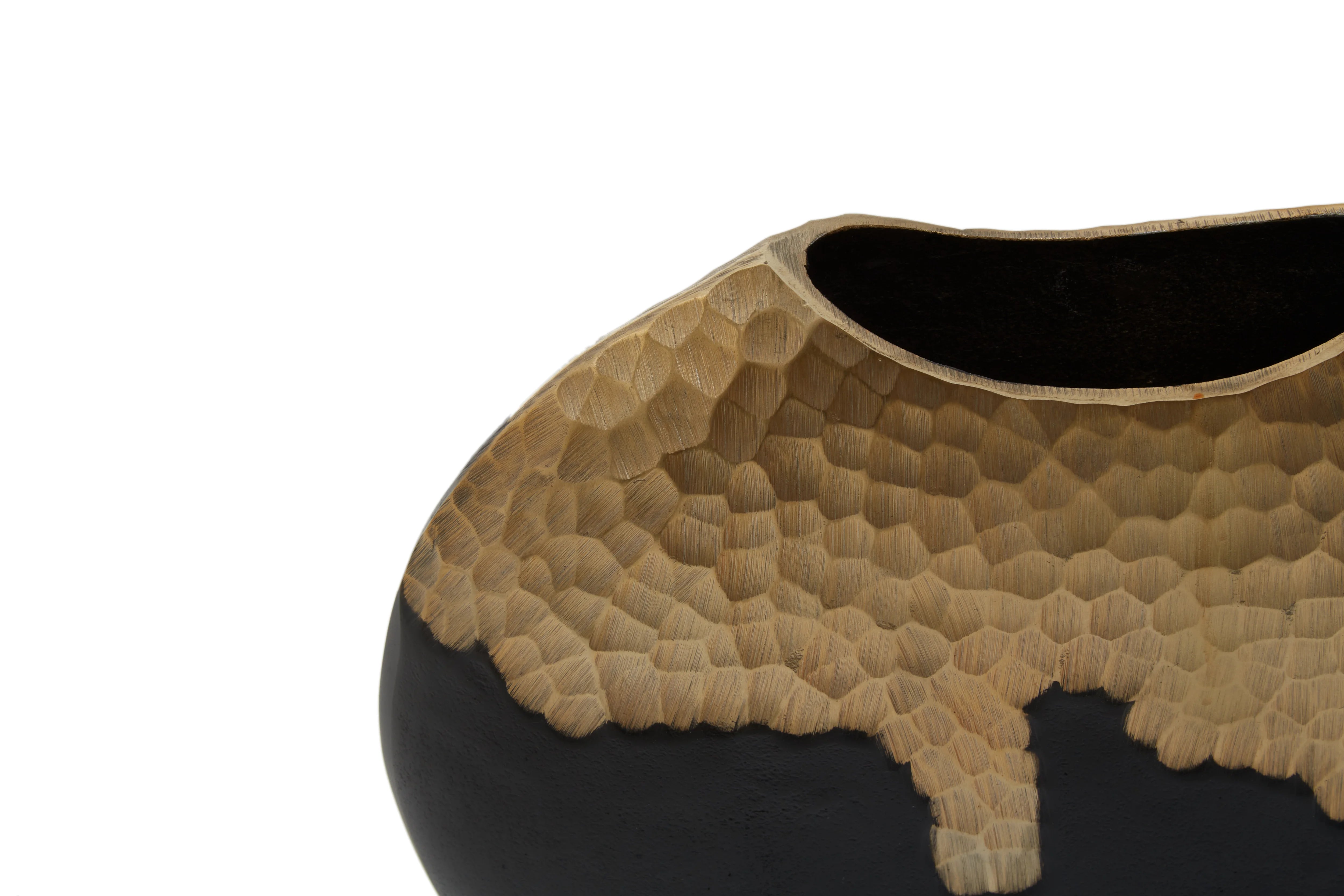 Capella Matte Black & Gold Dimpled Round Vase | Large