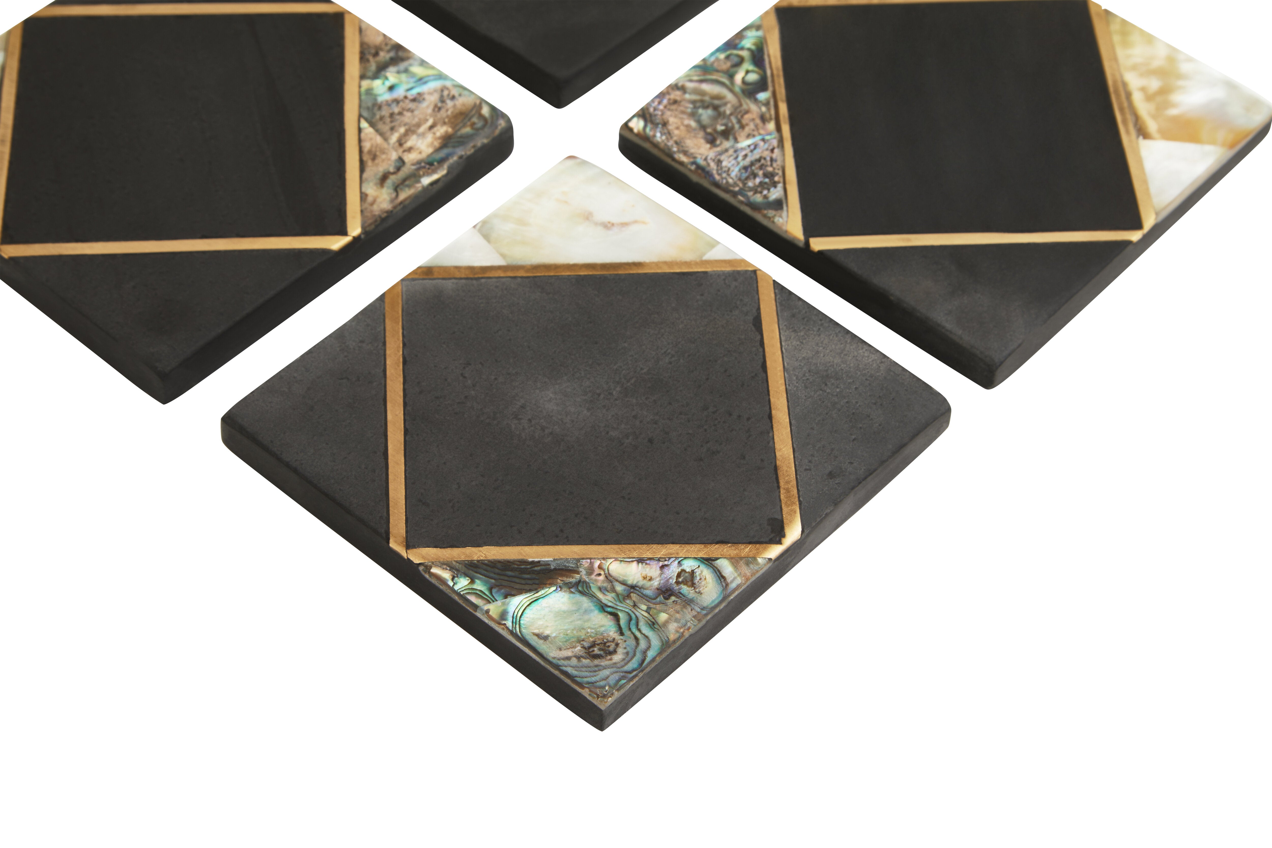 Set of 4 Martini Black Slate & Gold Square Coasters