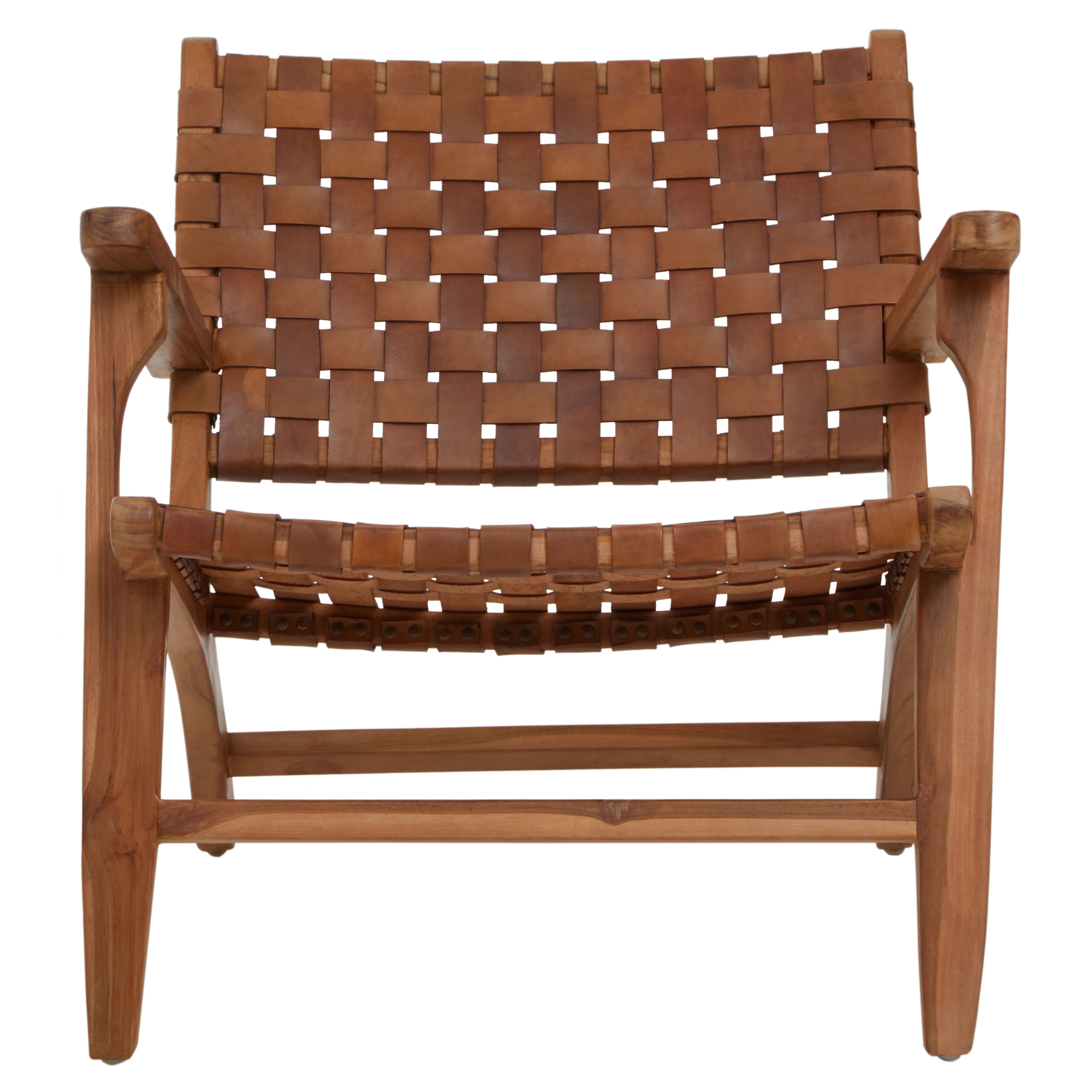 Jenson Handcrafted Brown Leather Weave & Teak Wood Armchair