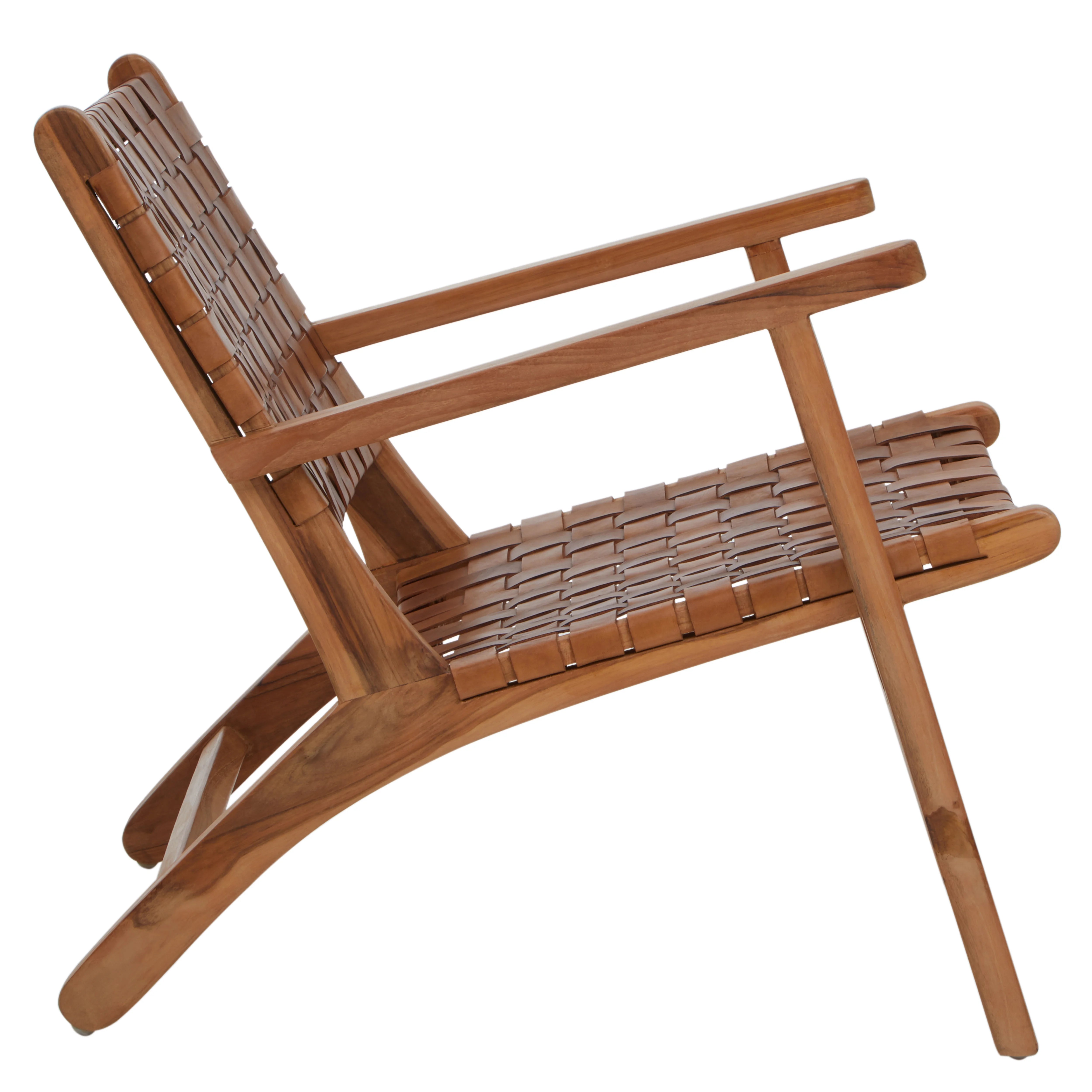 Jenson Handcrafted Brown Leather Weave & Teak Wood Armchair