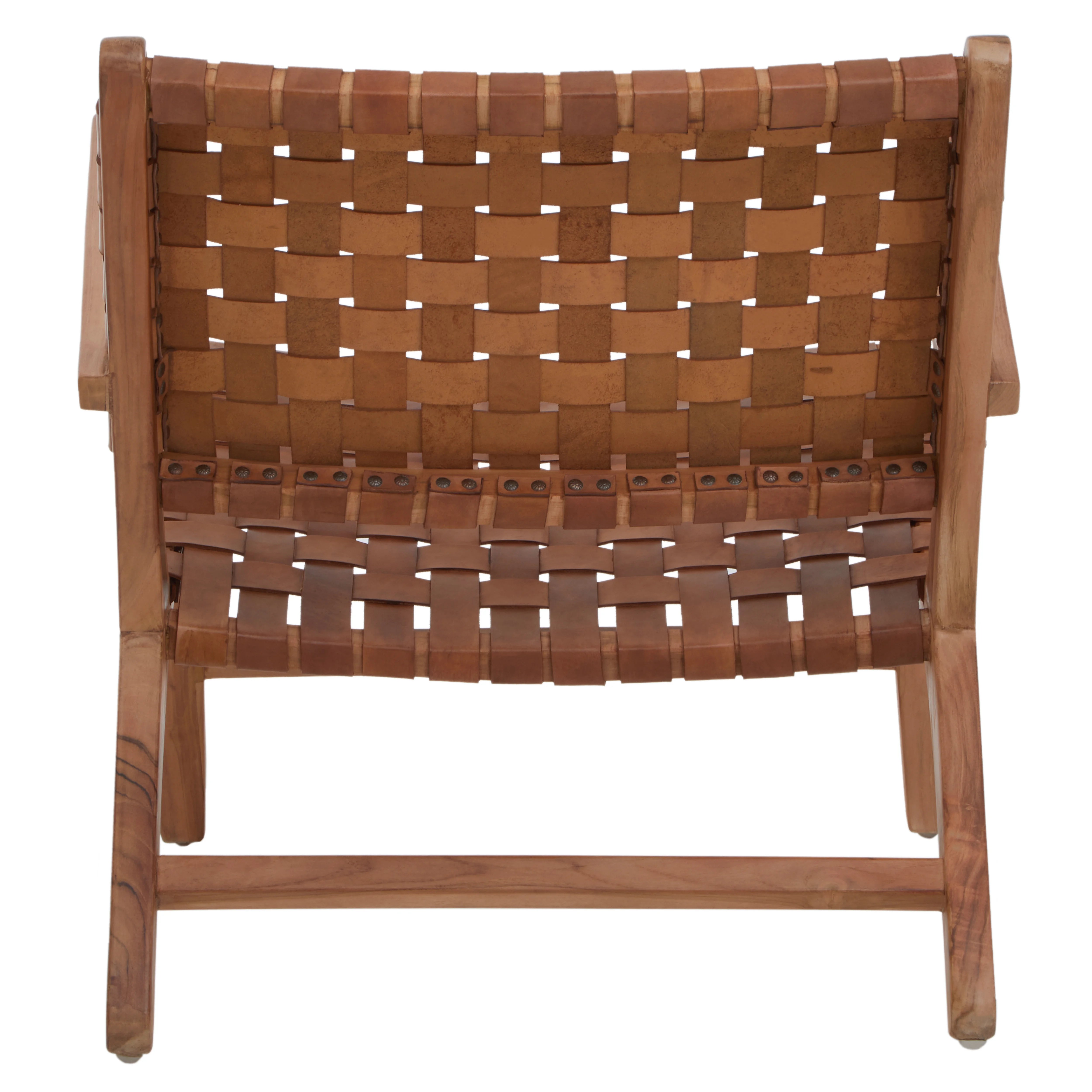 Jenson Handcrafted Brown Leather Weave & Teak Wood Armchair