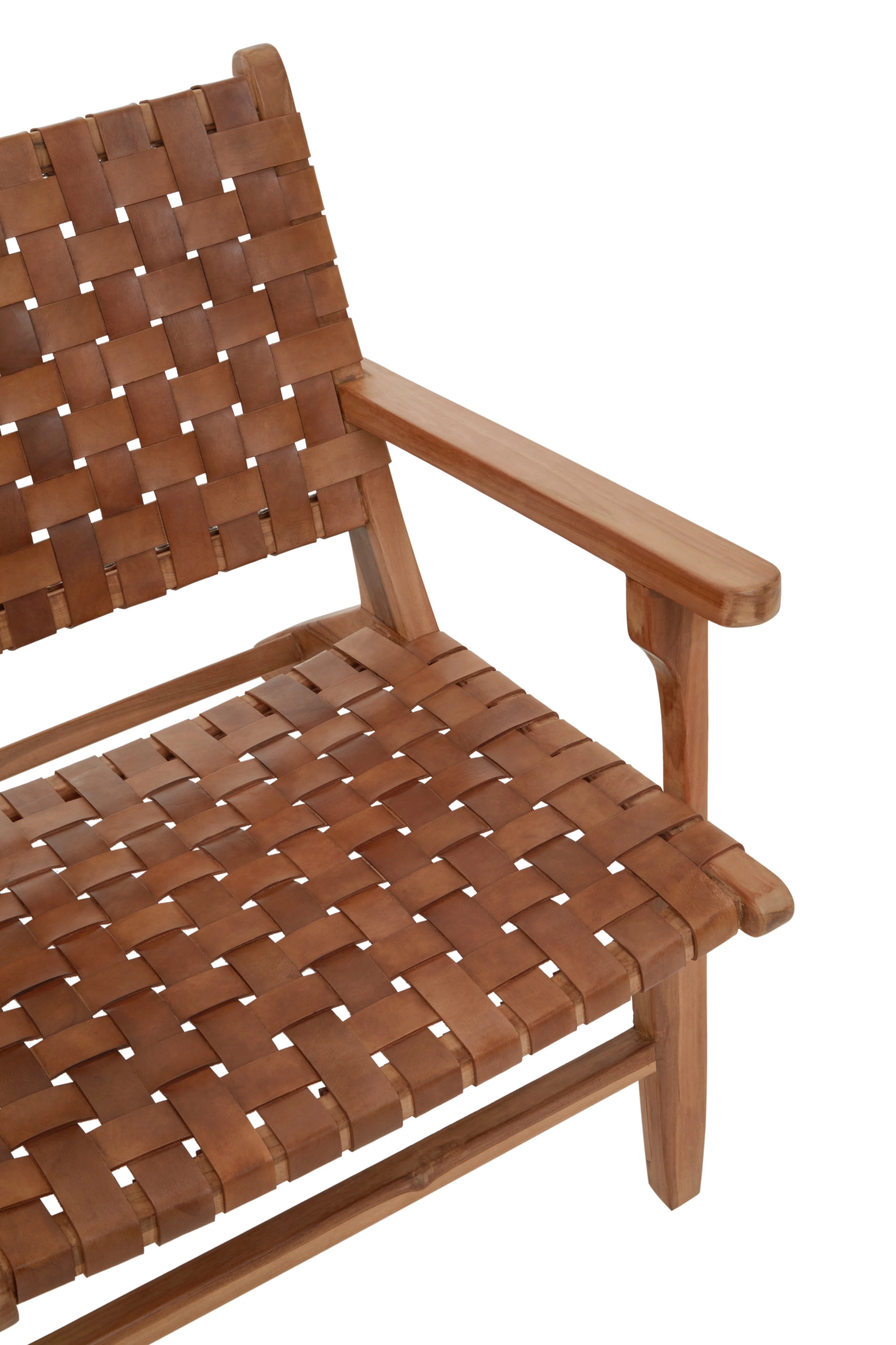 Jenson Handcrafted Brown Leather Weave & Teak Wood Armchair
