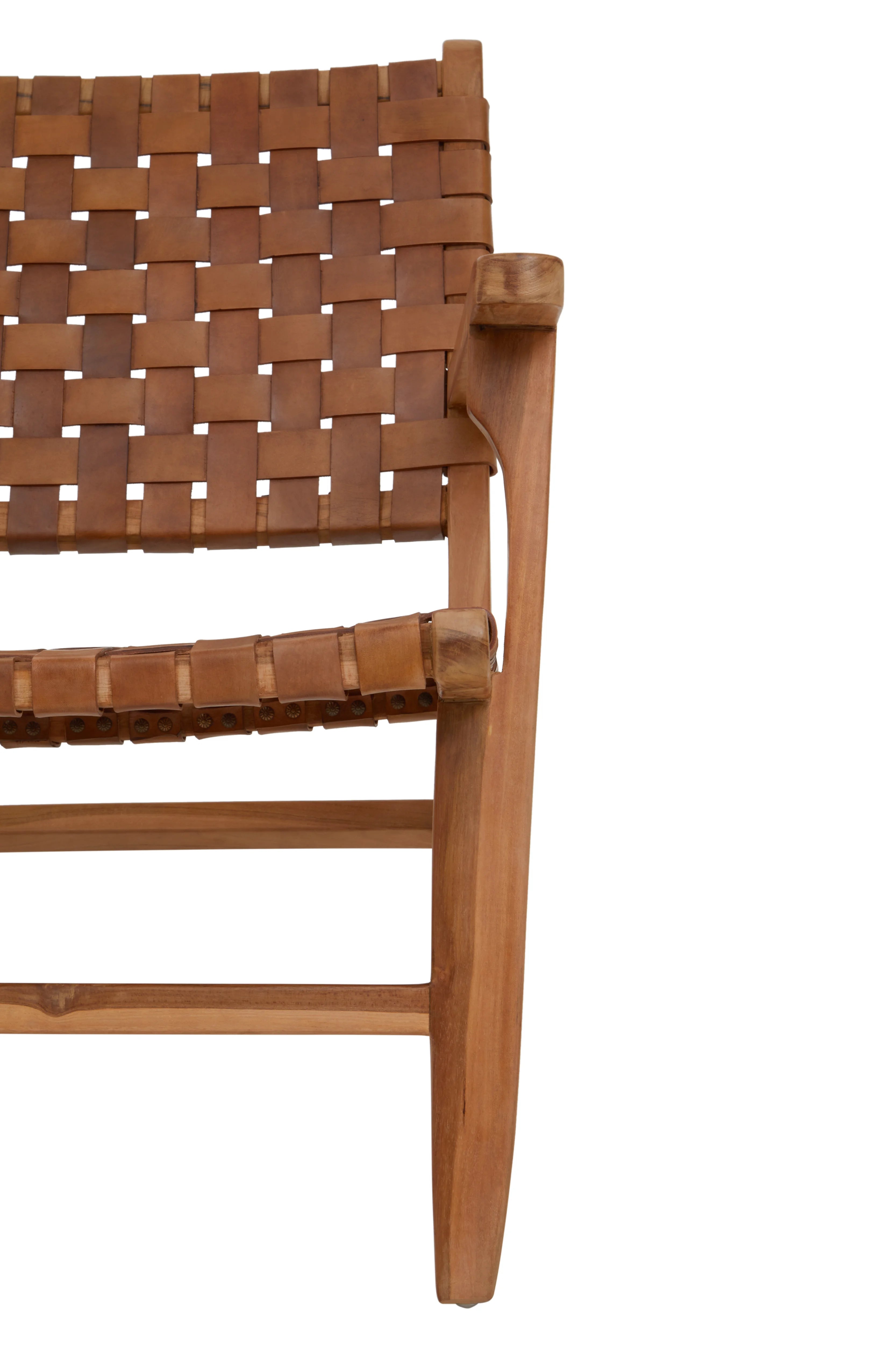 Jenson Handcrafted Brown Leather Weave & Teak Wood Armchair