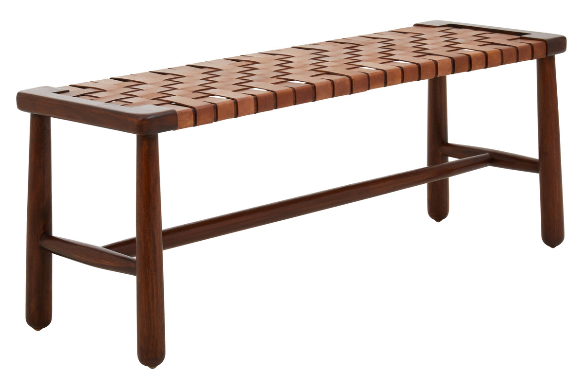 Jenson Handcrafted Brown Leather Weave & Teak Wood Bench
