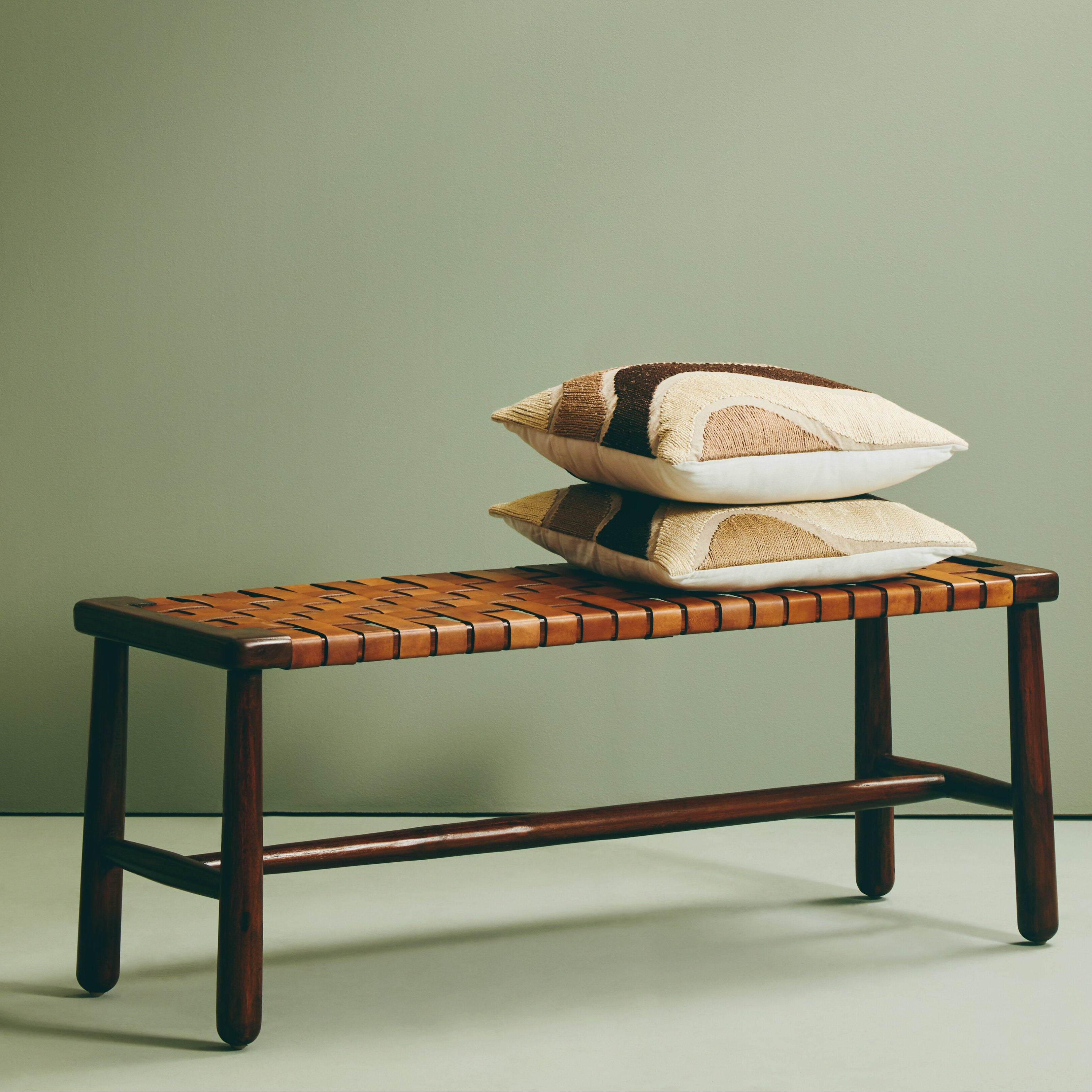 Jenson Handcrafted Brown Leather Weave & Teak Wood Bench