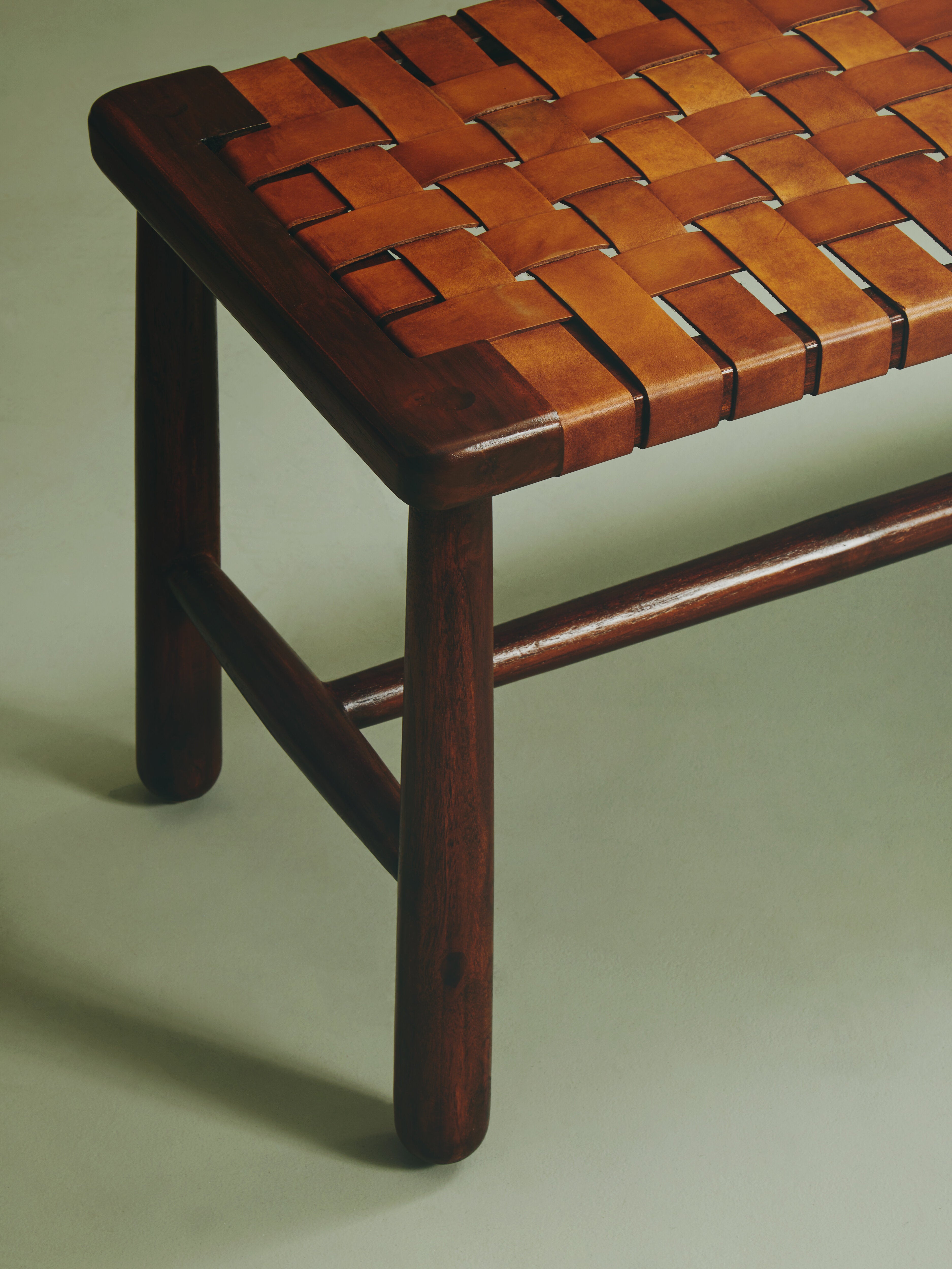 Jenson Handcrafted Brown Leather Weave & Teak Wood Bench
