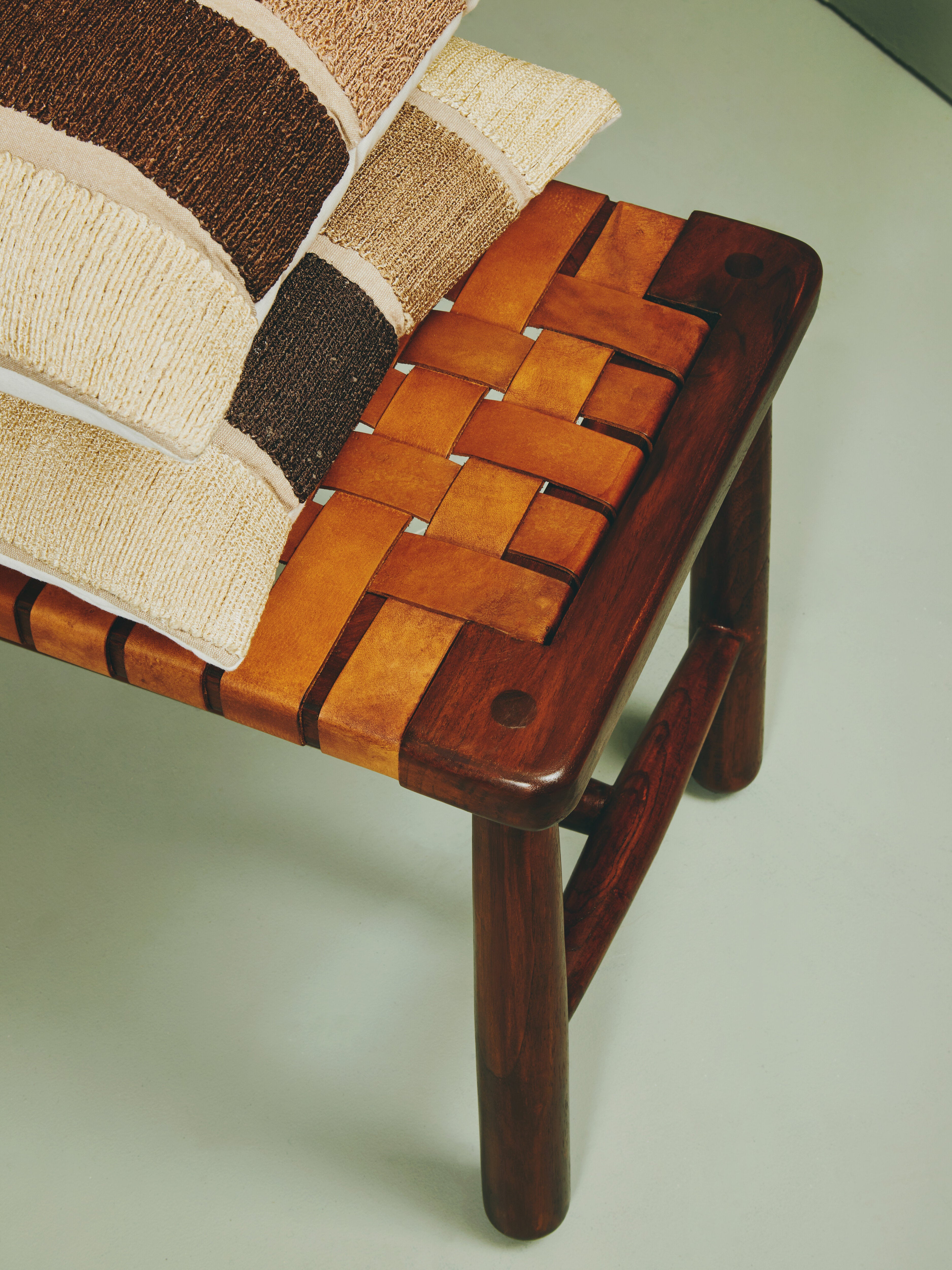 Jenson Handcrafted Brown Leather Weave & Teak Wood Bench