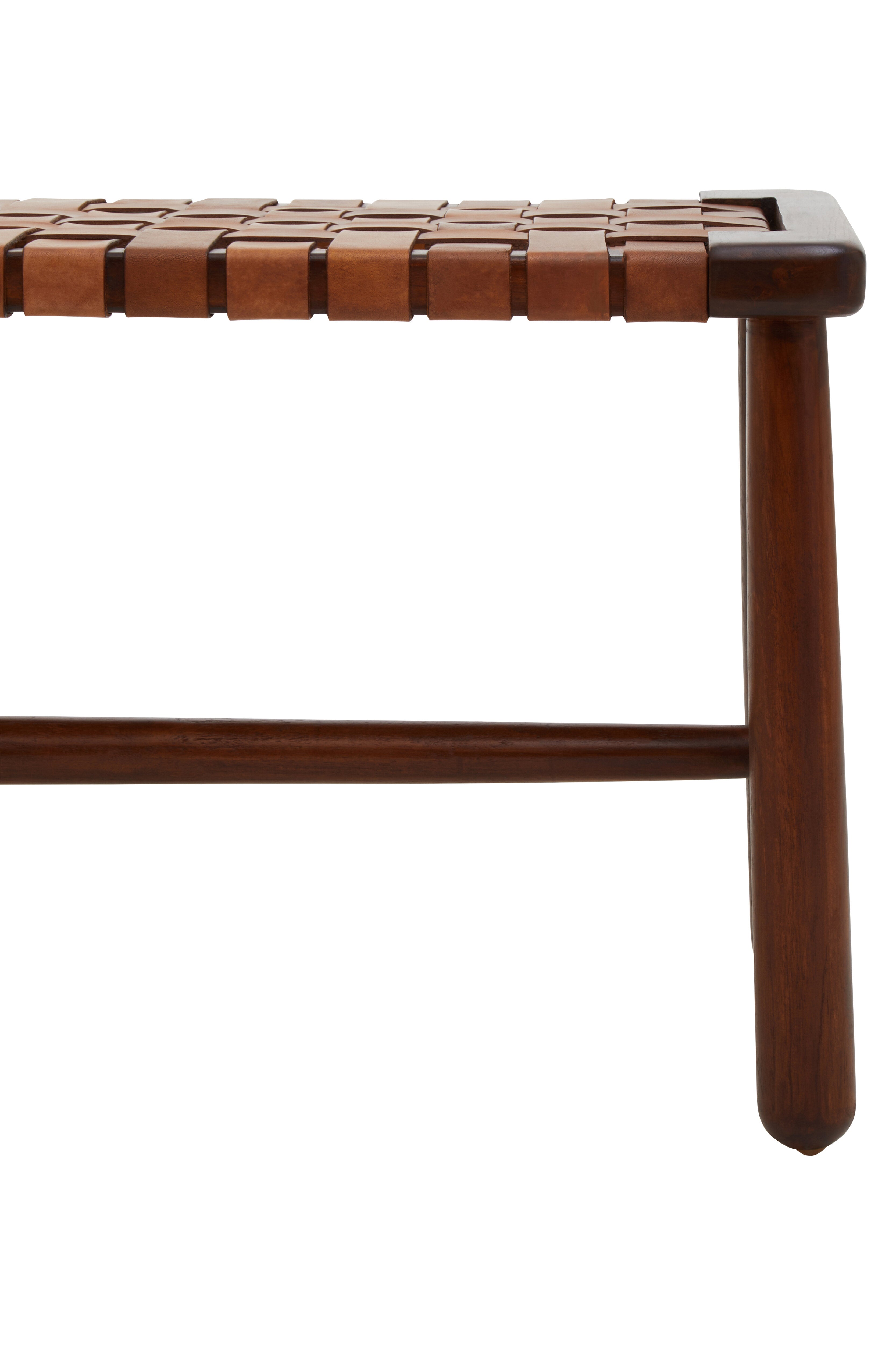 Jenson Handcrafted Brown Leather Weave & Teak Wood Bench