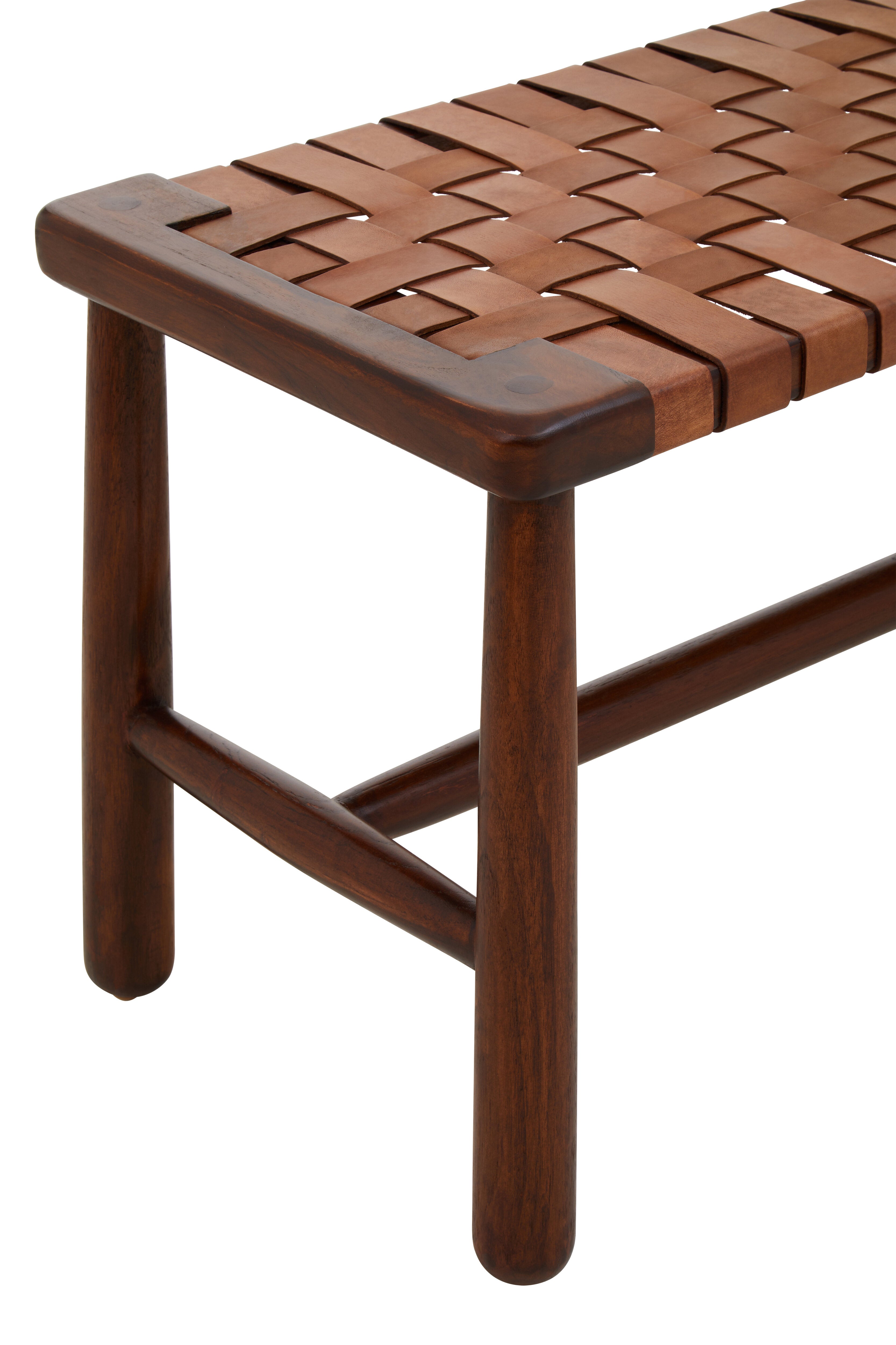 Jenson Handcrafted Brown Leather Weave & Teak Wood Bench