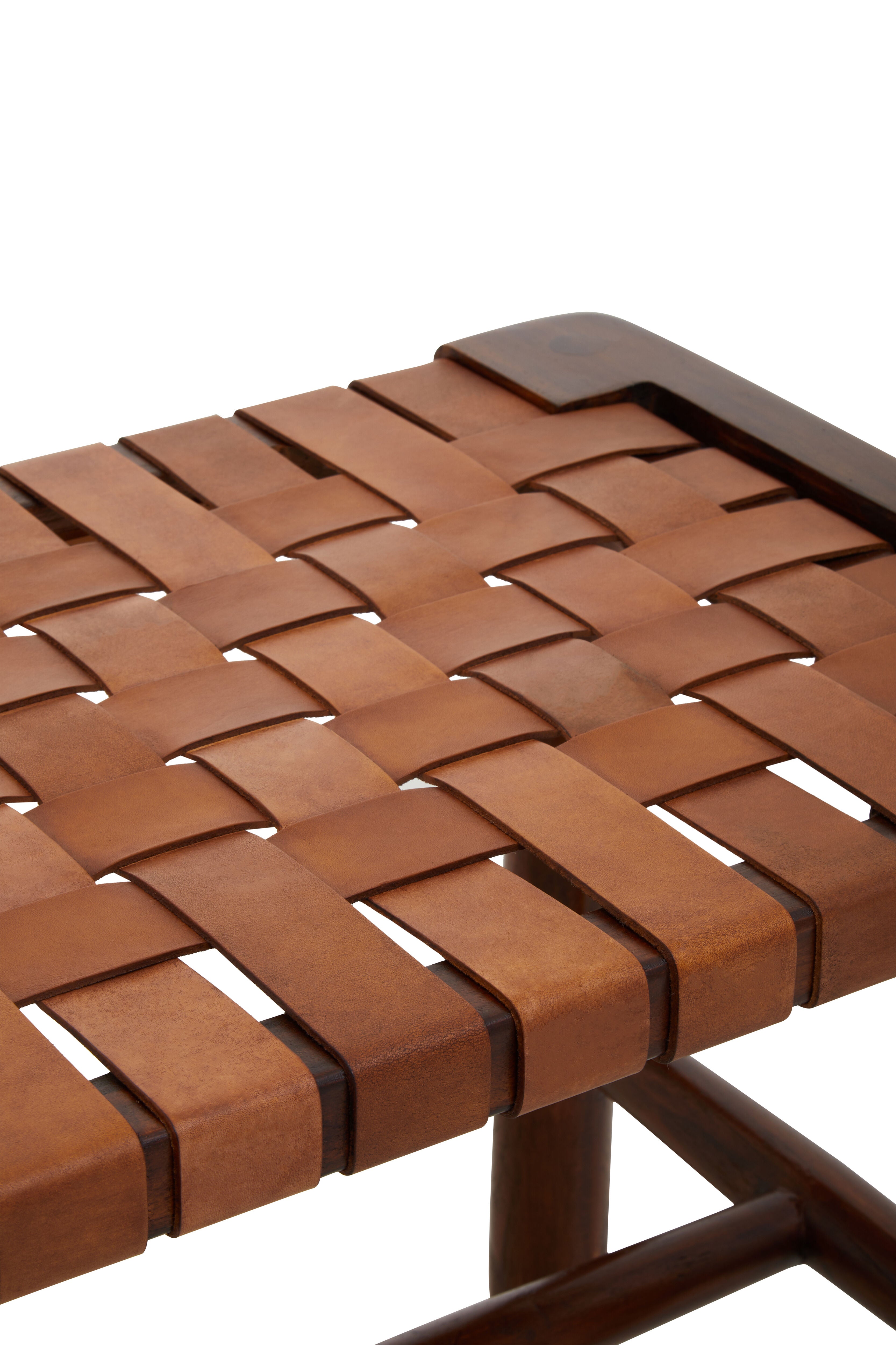 Jenson Handcrafted Brown Leather Weave & Teak Wood Bench