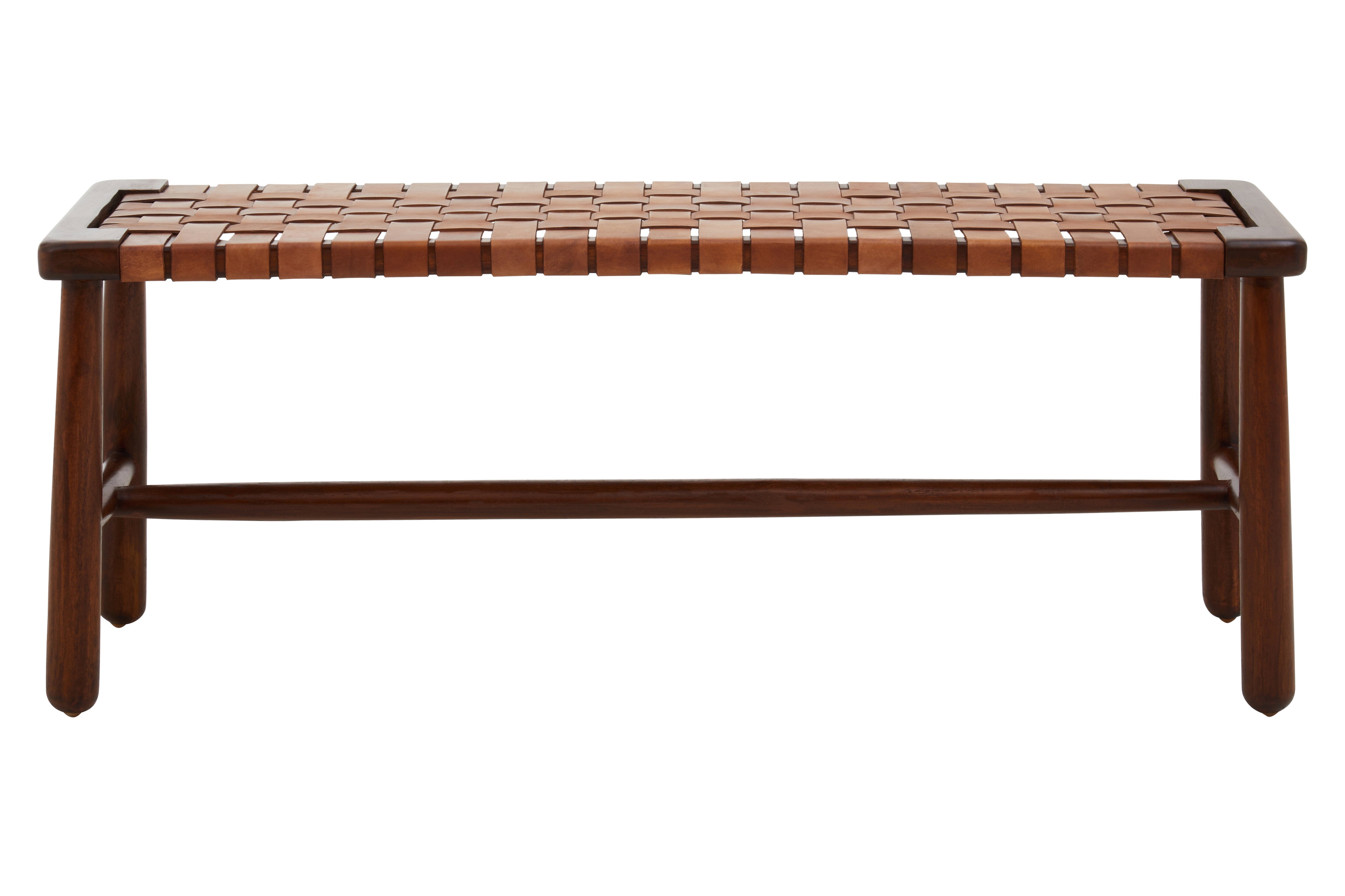 Jenson Handcrafted Brown Leather Weave & Teak Wood Bench