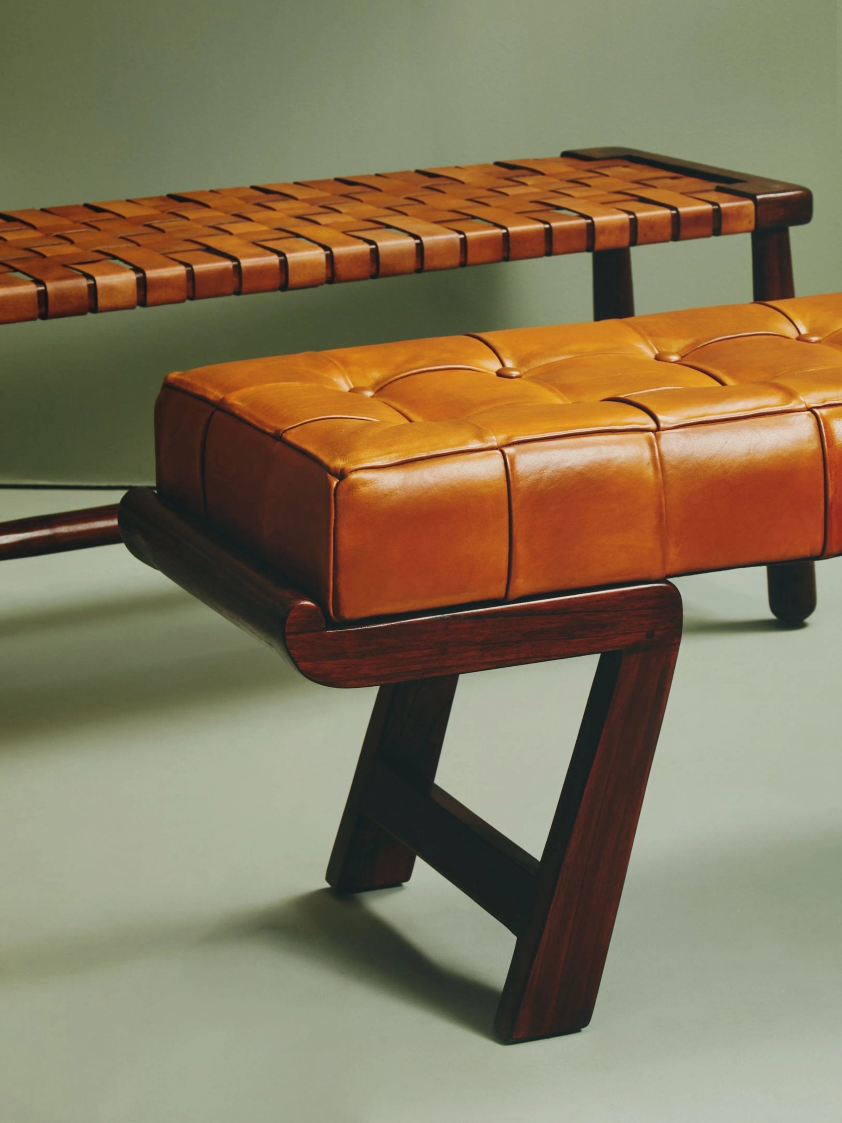Kalahari Brown Leather & Angular Cedar Wood Bench