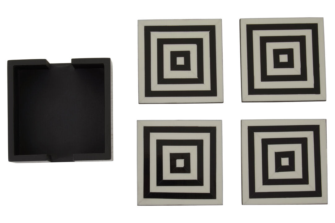Marbs Set of 4 Black & White Stripe Coasters with Holder