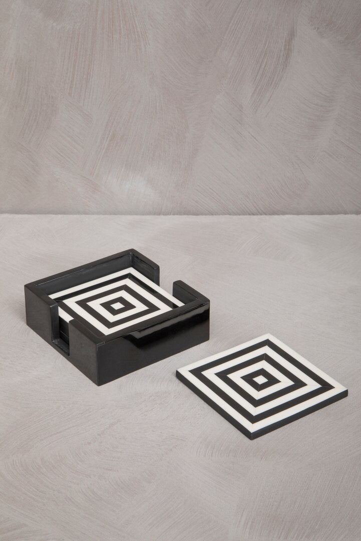Marbs Set of 4 Black & White Stripe Coasters with Holder