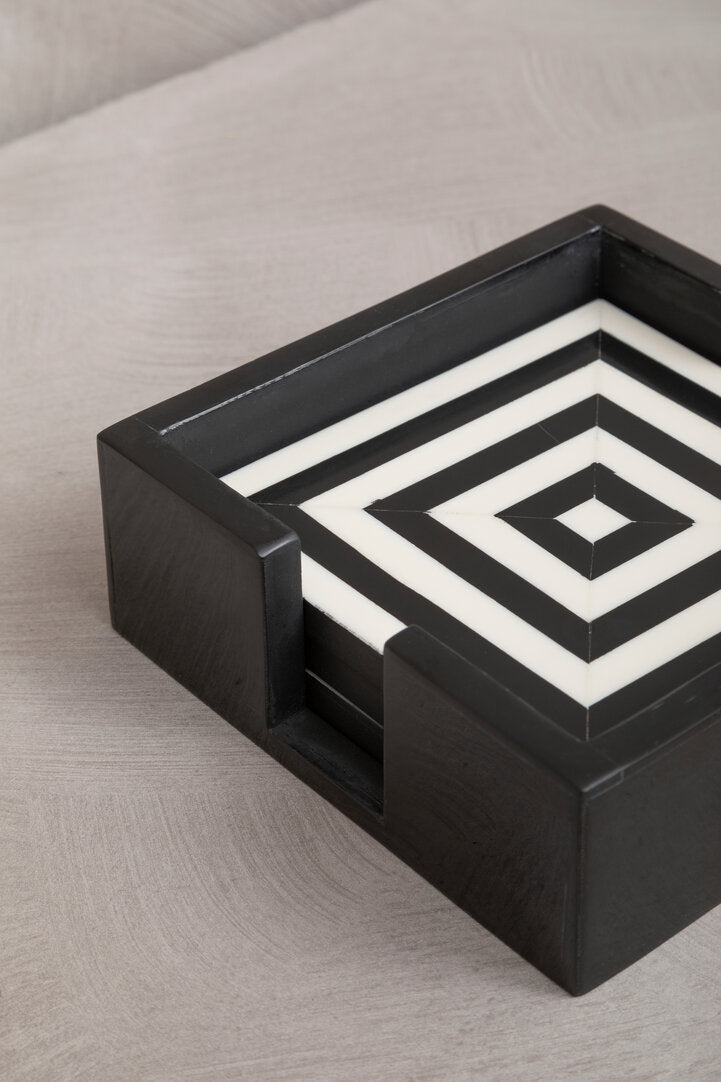Marbs Set of 4 Black & White Stripe Coasters with Holder