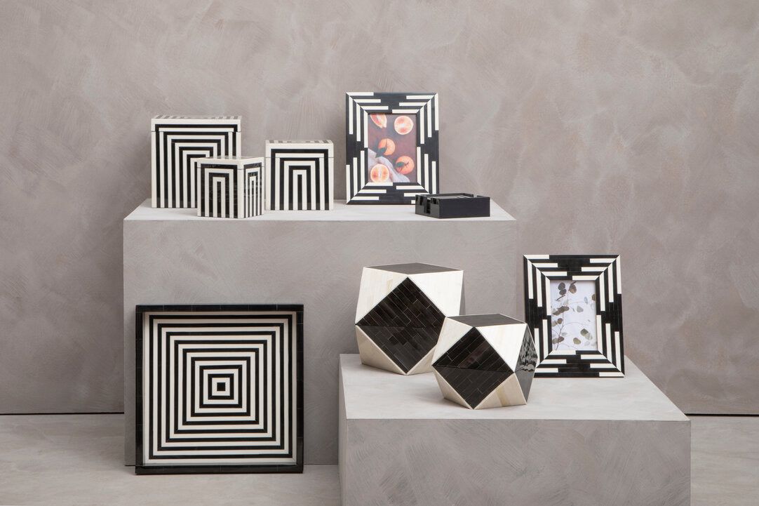Marbs Set of 4 Black & White Stripe Coasters with Holder