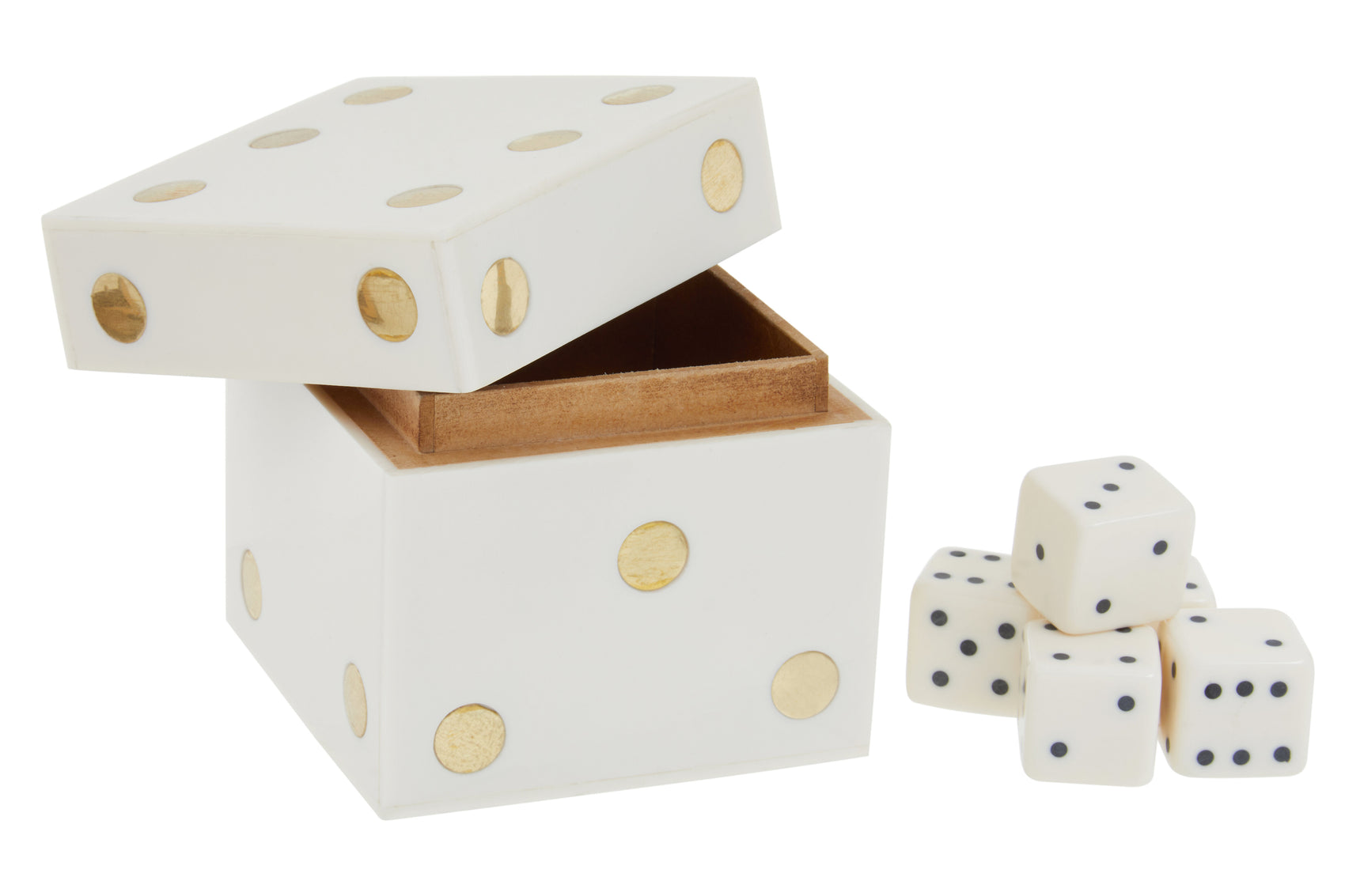 Terrence Games White & Gold Dice Box with Five White Dice