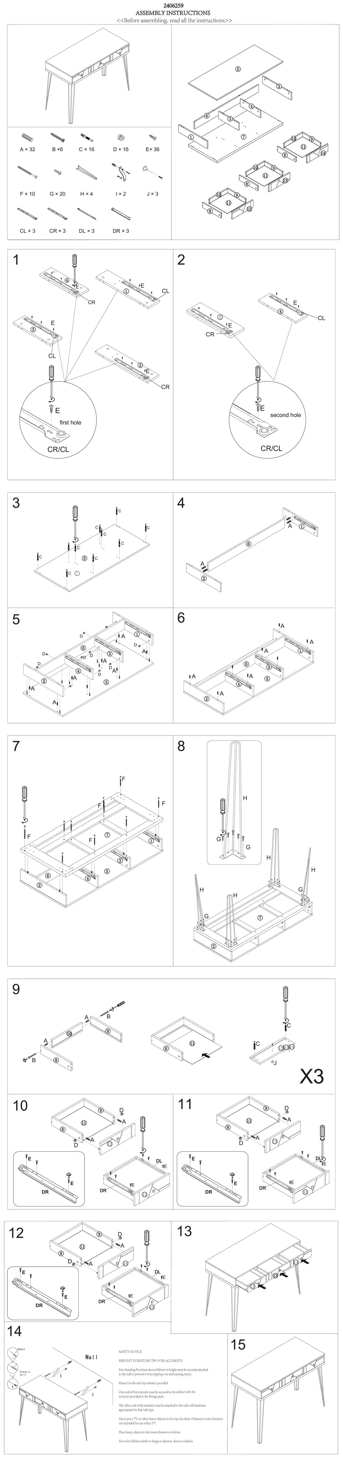 Ophelia Brown Wood & Gold Three Drawer Desk
