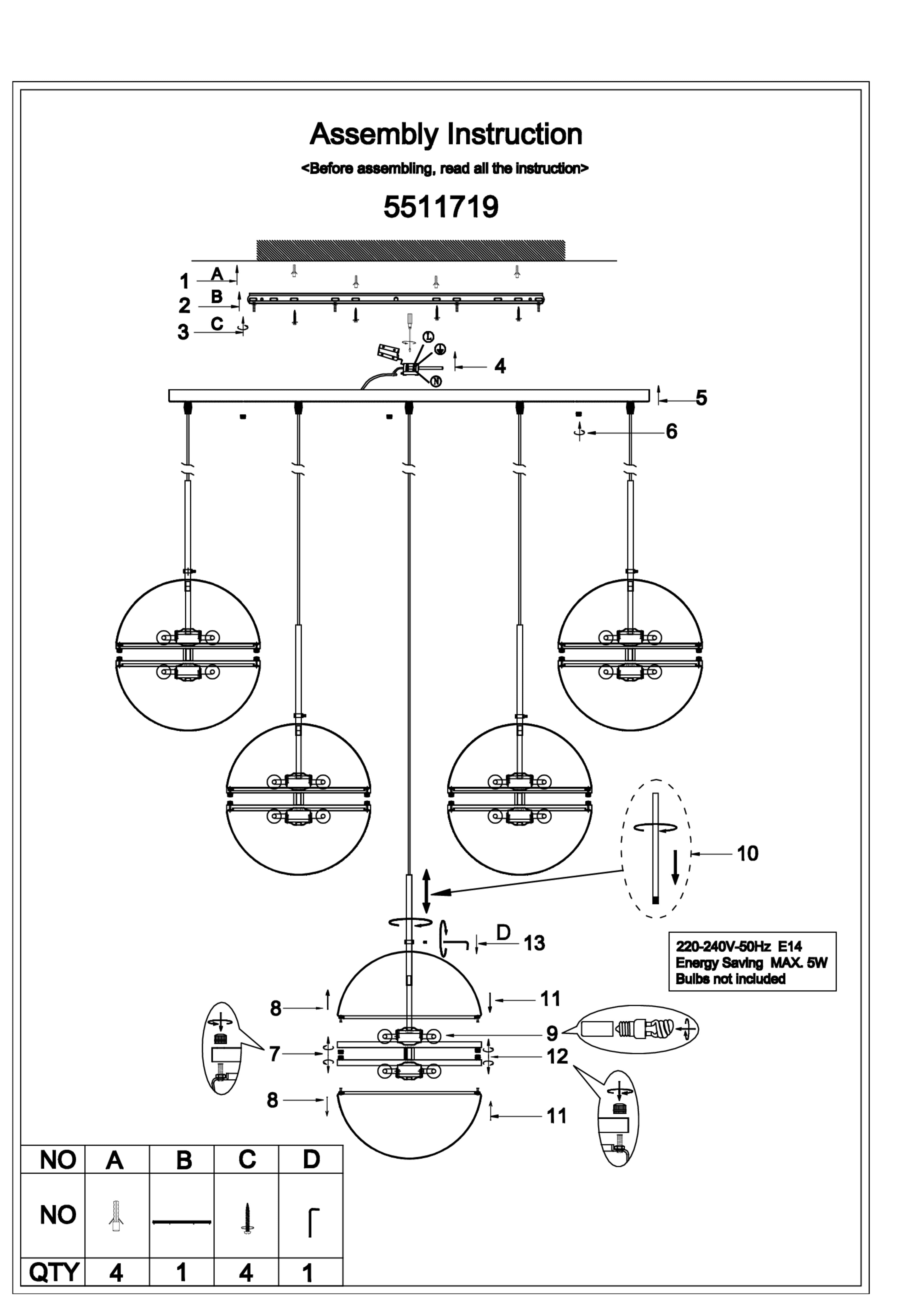Abira Five Ball Brass Pendant Light