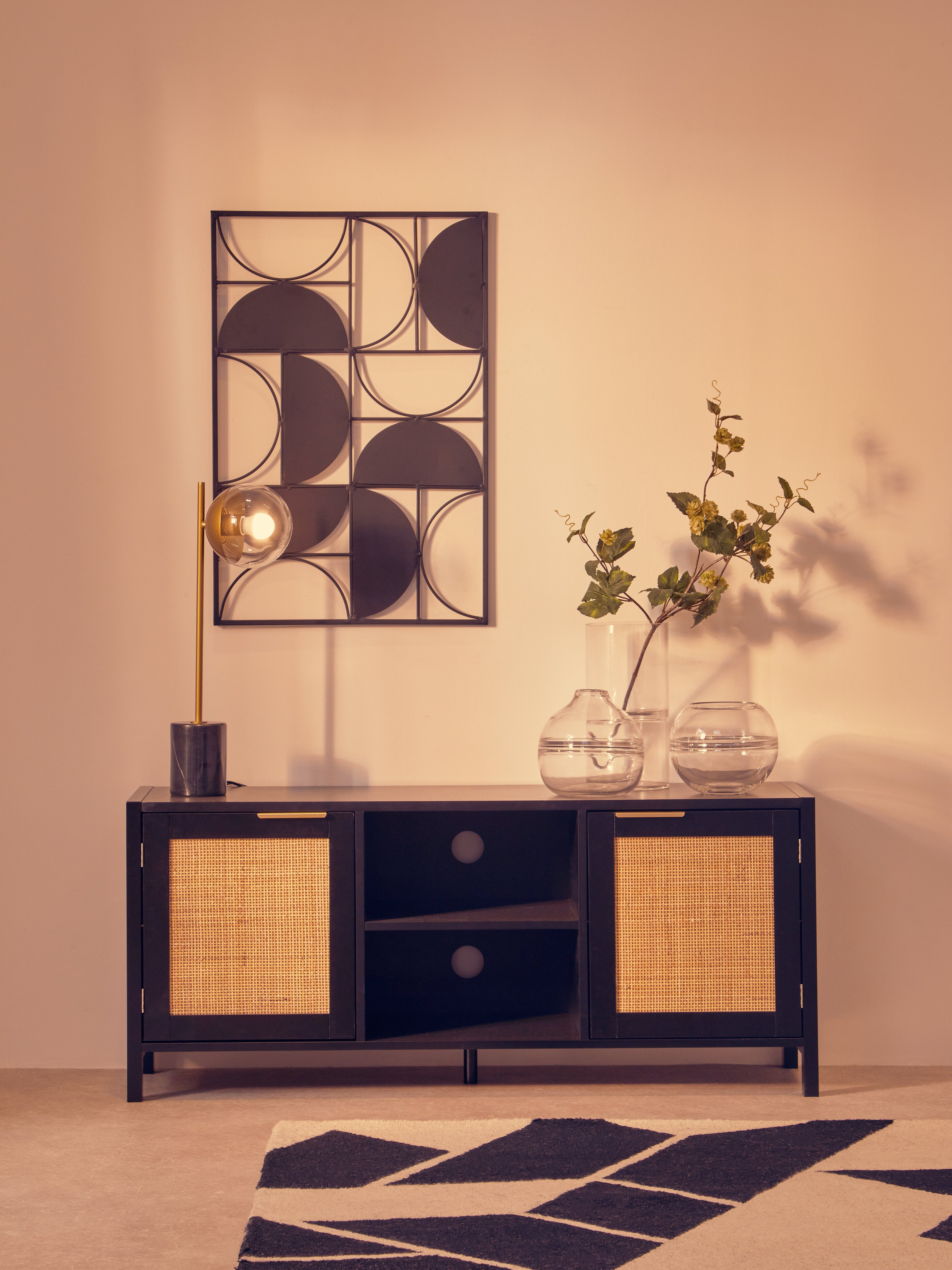 Burwood Black Wood & Natural Rattan Media Unit