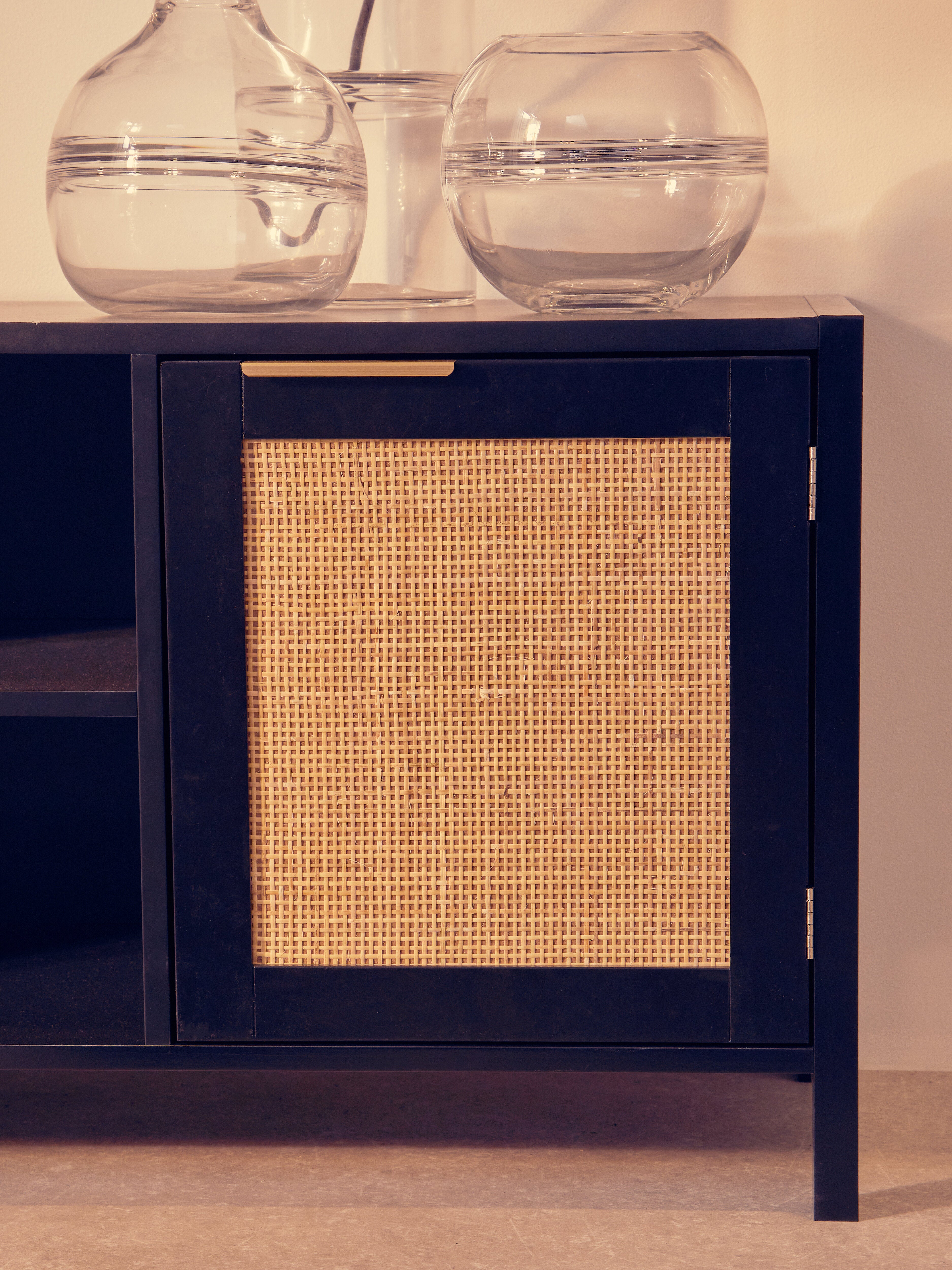 Burwood Black Wood & Natural Rattan Media Unit