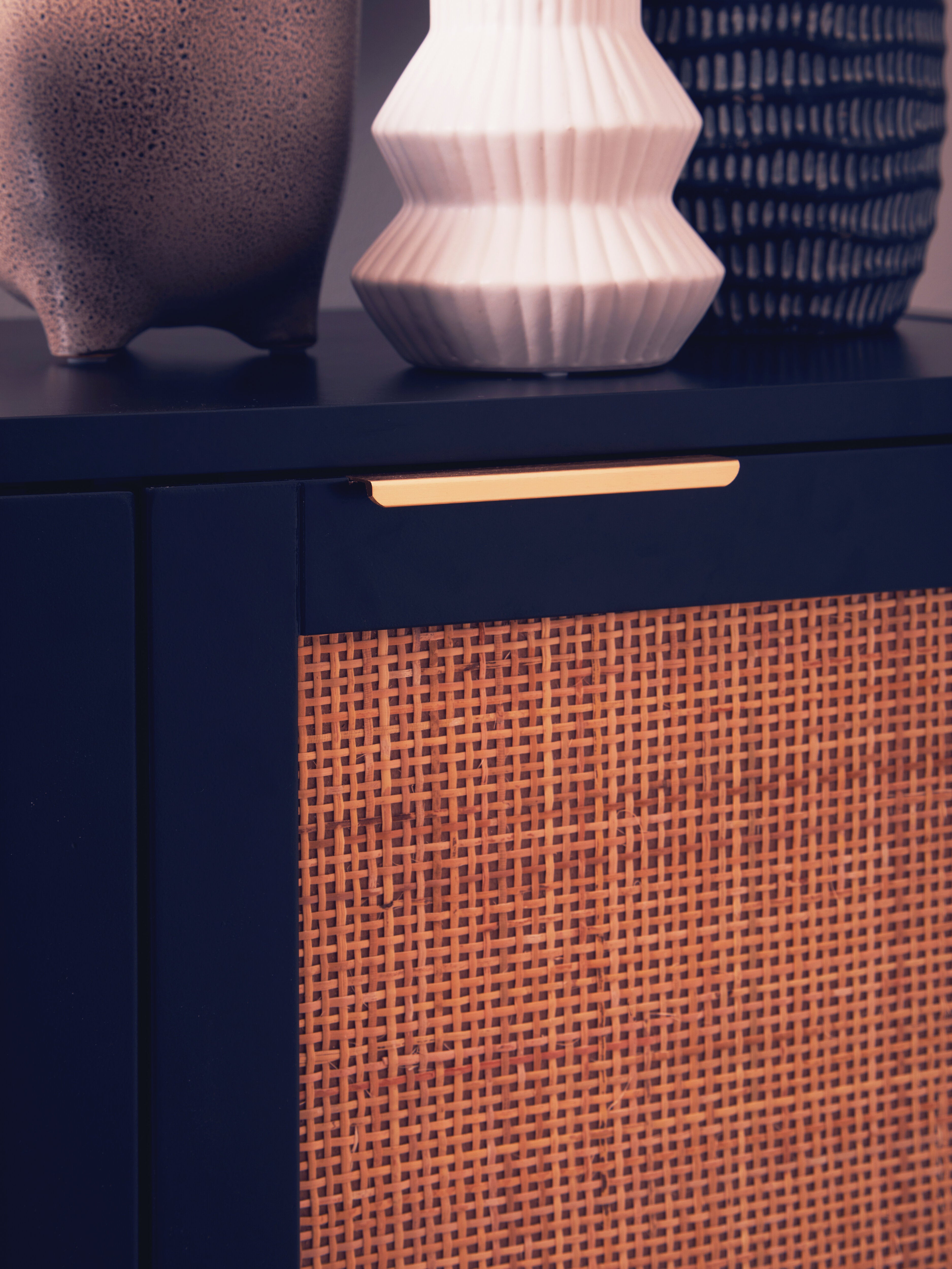 Burwood Black Wood & Rattan Two Door Side Cabinet