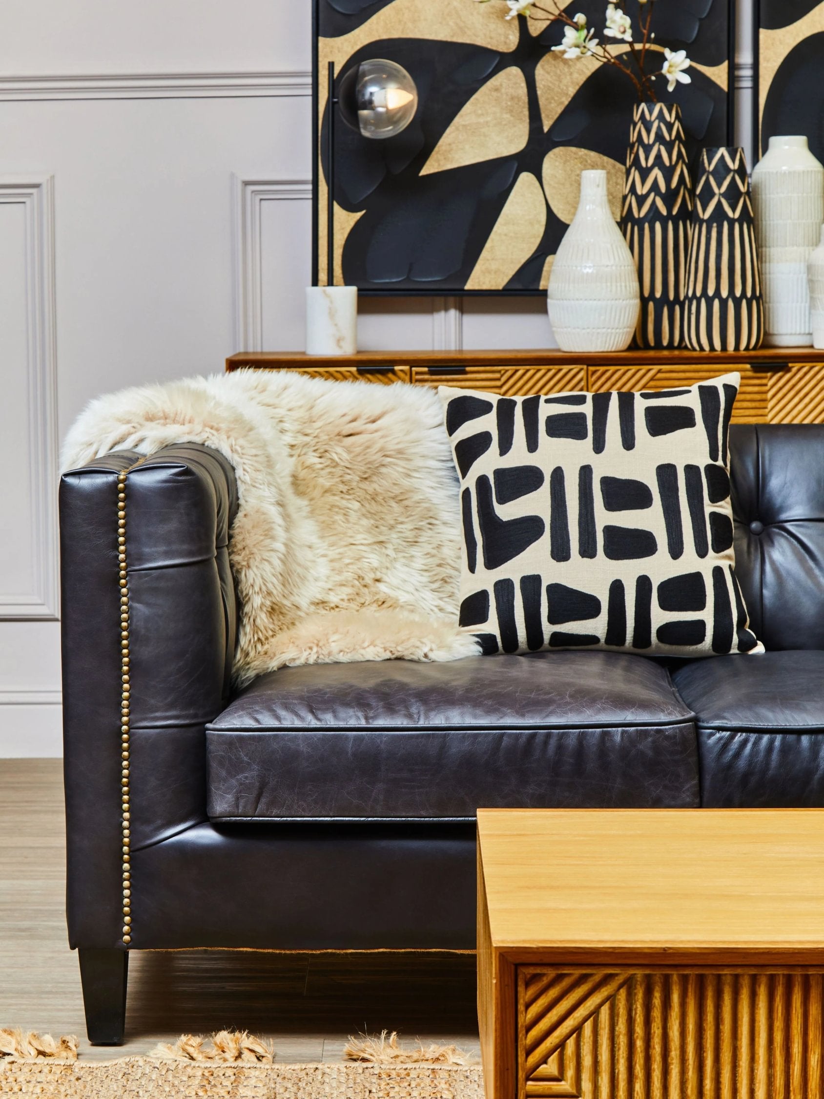 Burlington Black Leather 3 Seater Modern Chesterfield Sofa