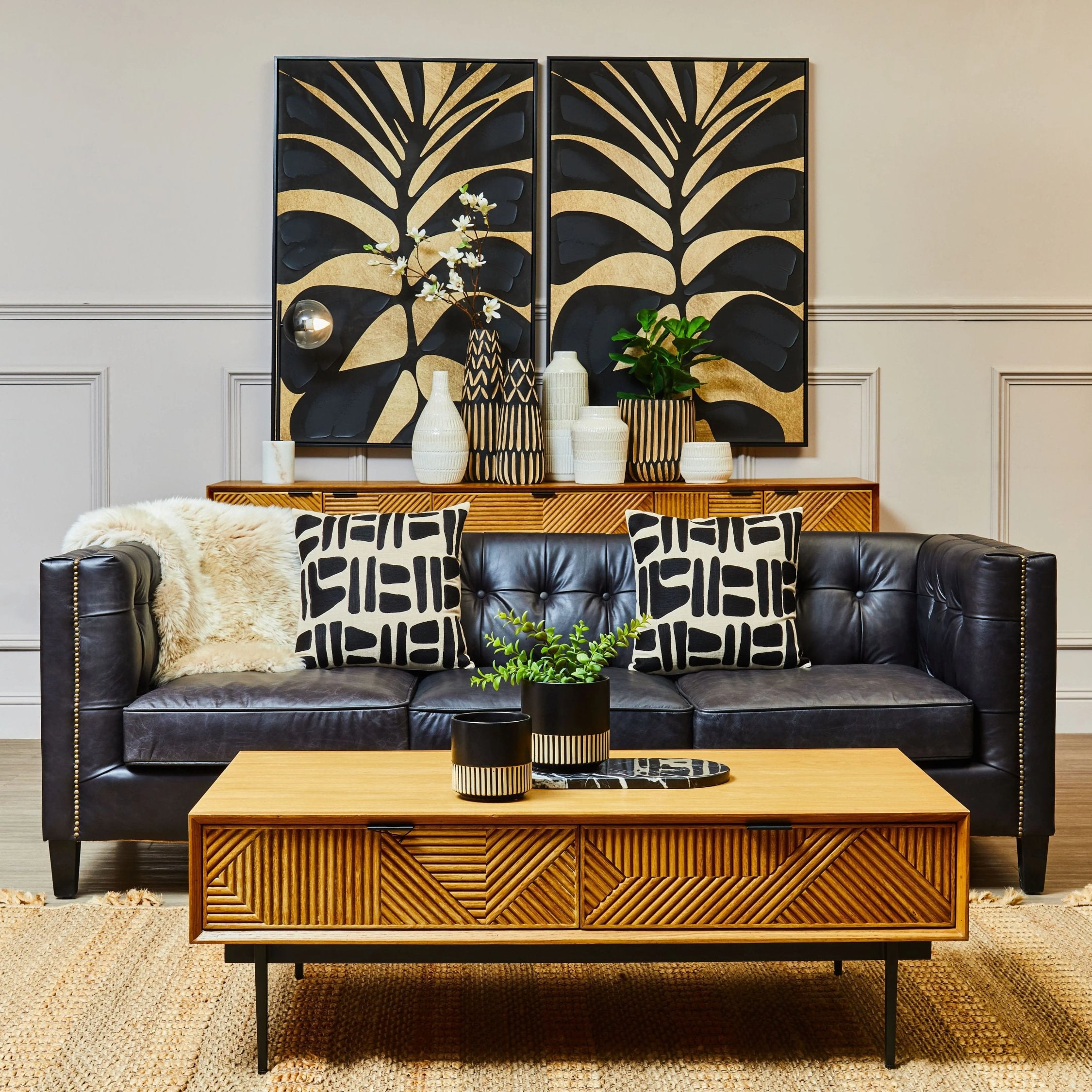 Burlington Black Leather 3 Seater Modern Chesterfield Sofa