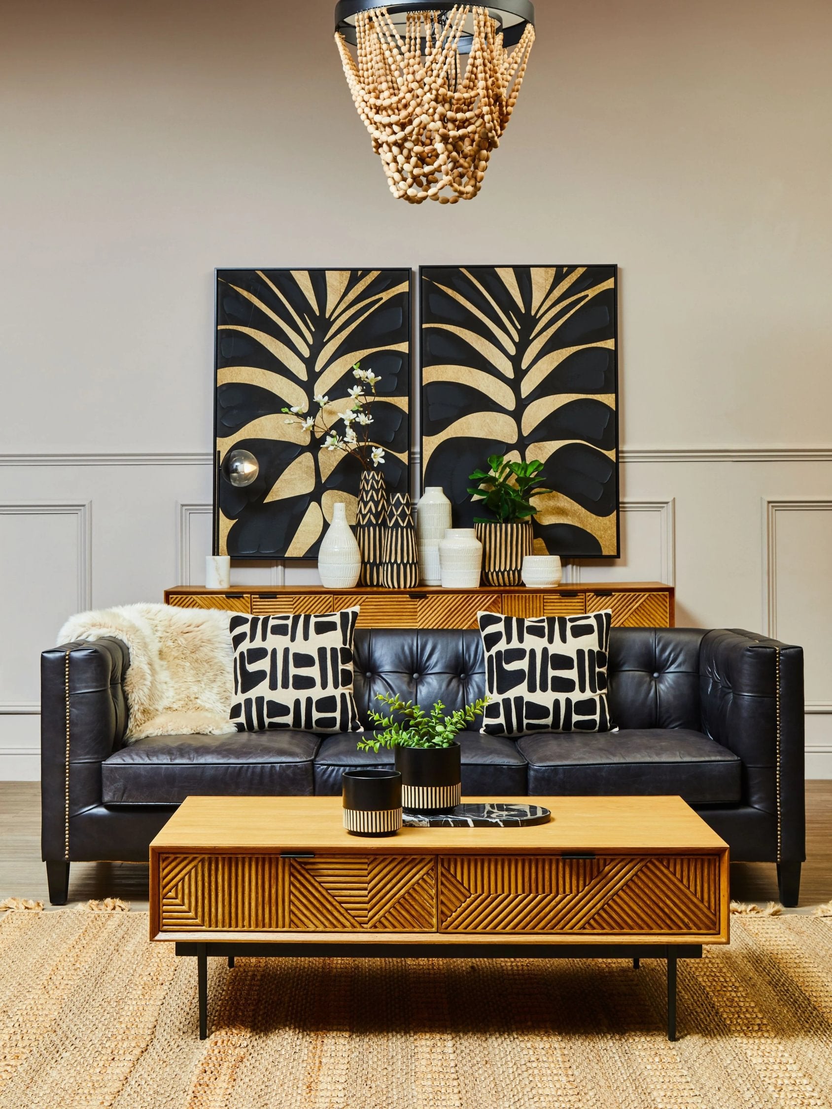 Burlington Black Leather 3 Seater Modern Chesterfield Sofa