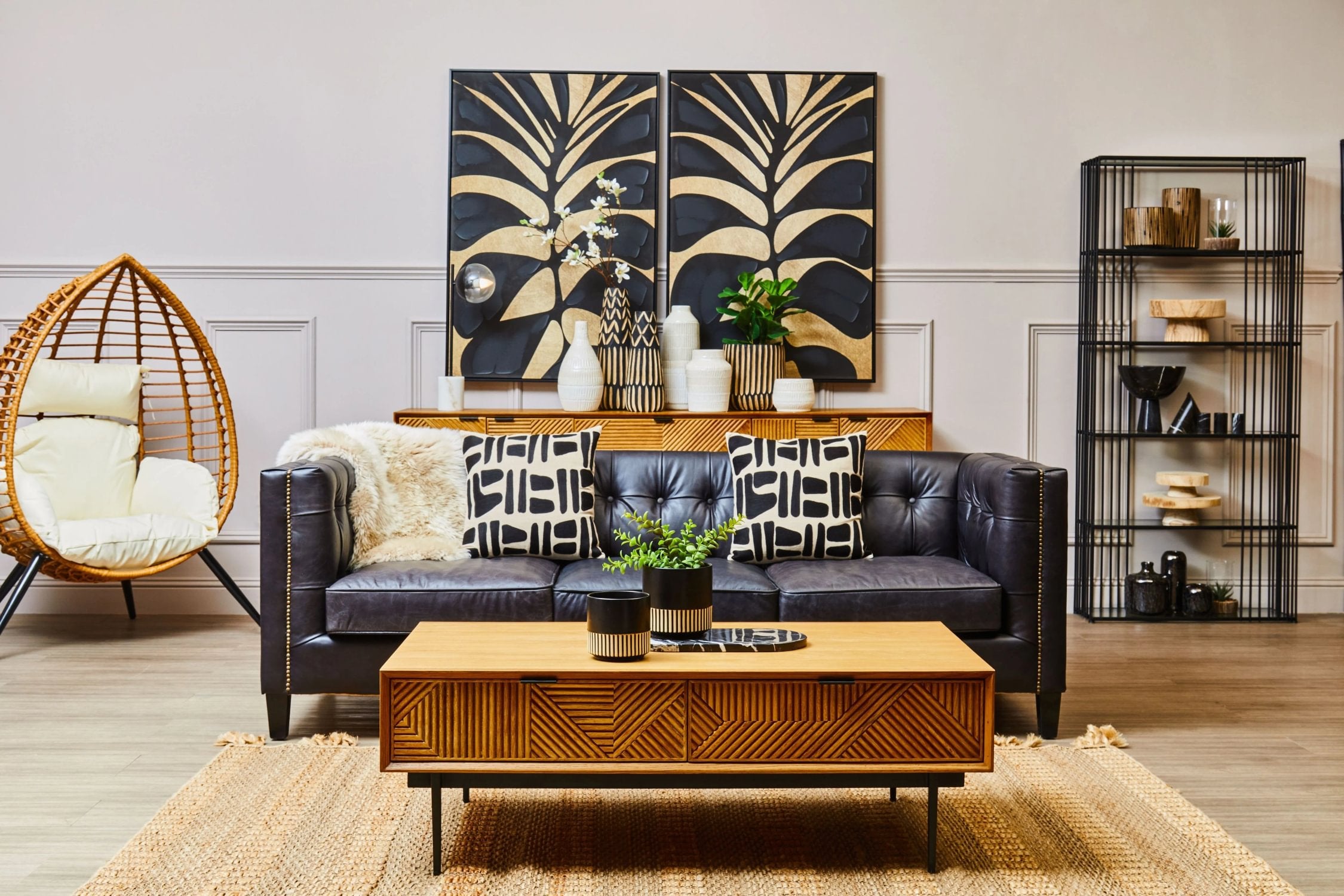 Burlington Black Leather 3 Seater Modern Chesterfield Sofa