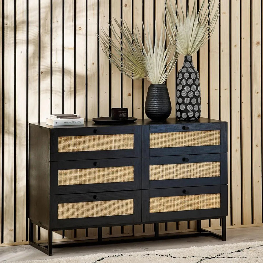Clermont Black Oak Wood & Rattan Chest of Drawers | 6 Drawers
